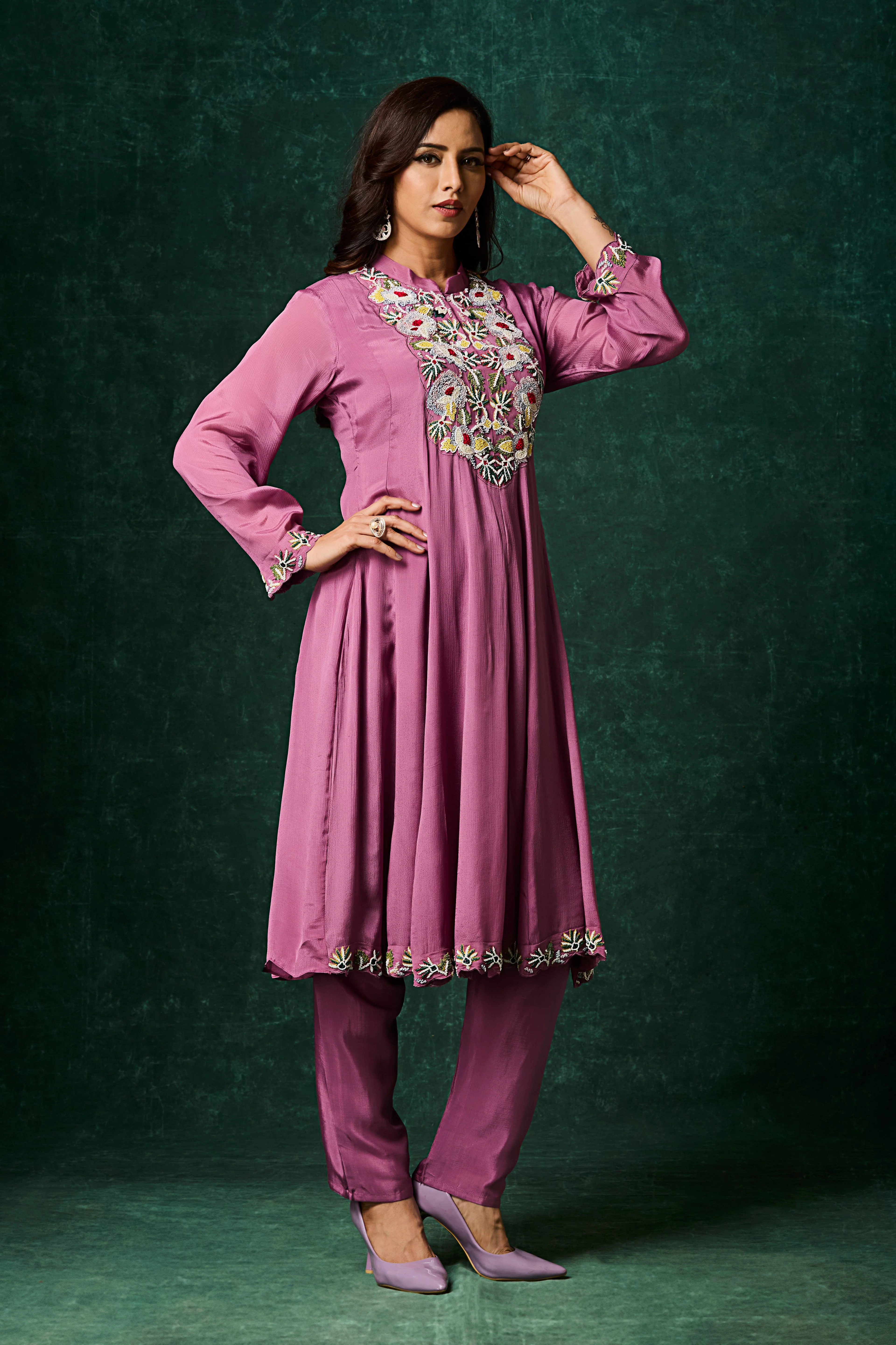 Purple Embellished Chinon Silk Anarkali Set - Image 5