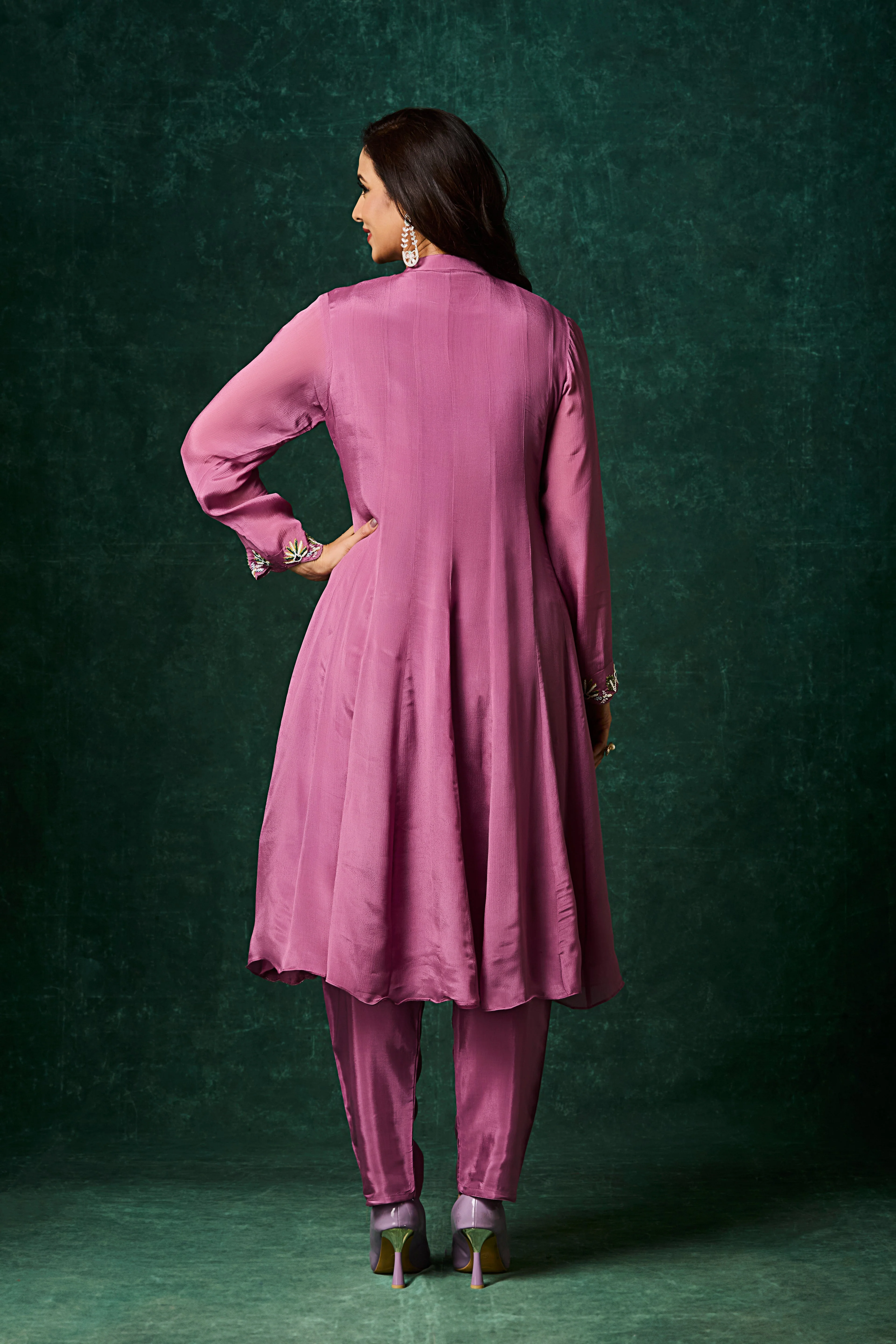 Purple Embellished Chinon Silk Anarkali Set - Image 6