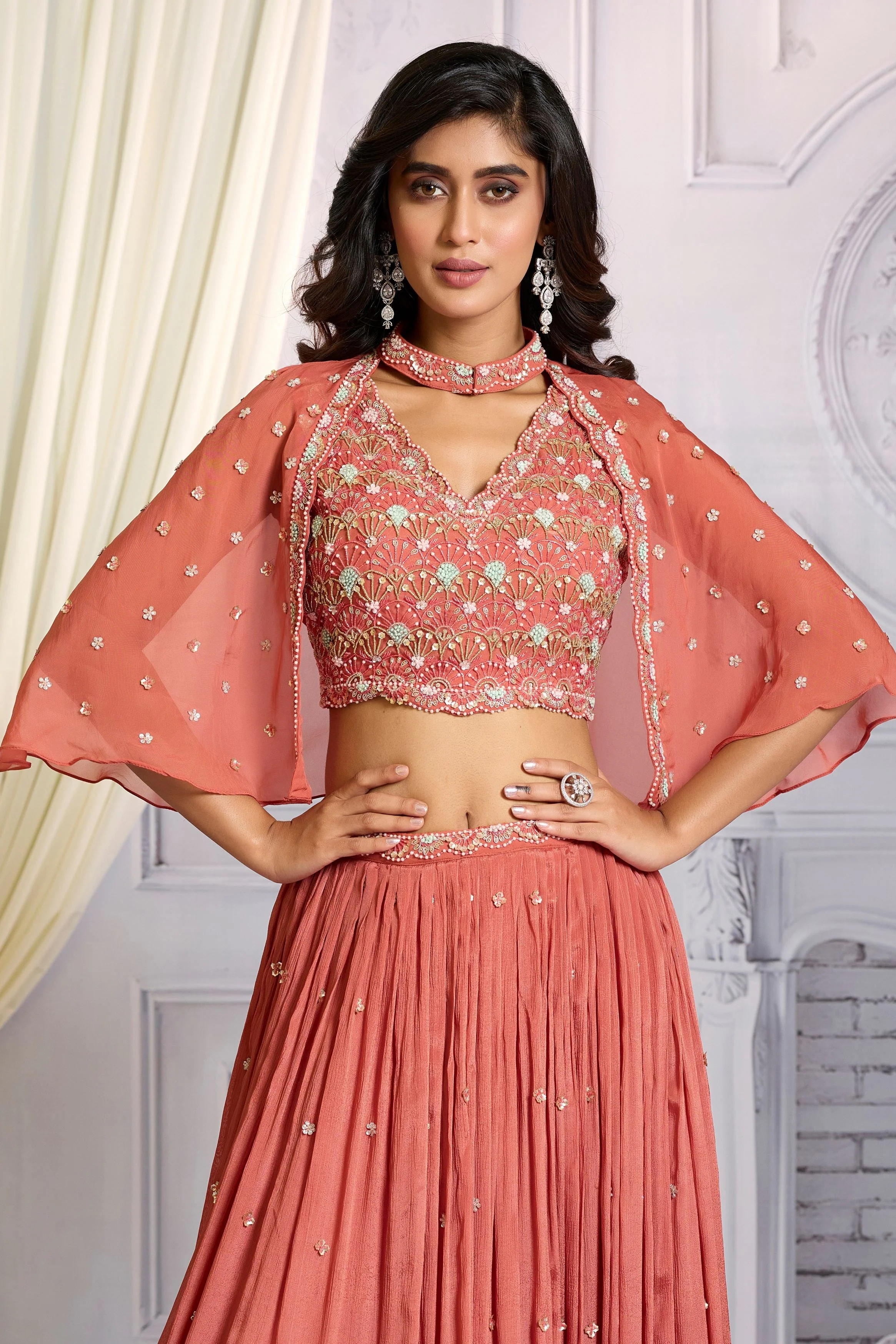 Peach Pink Embellished Chinon Silk Cape-Skirt Set - Image 2