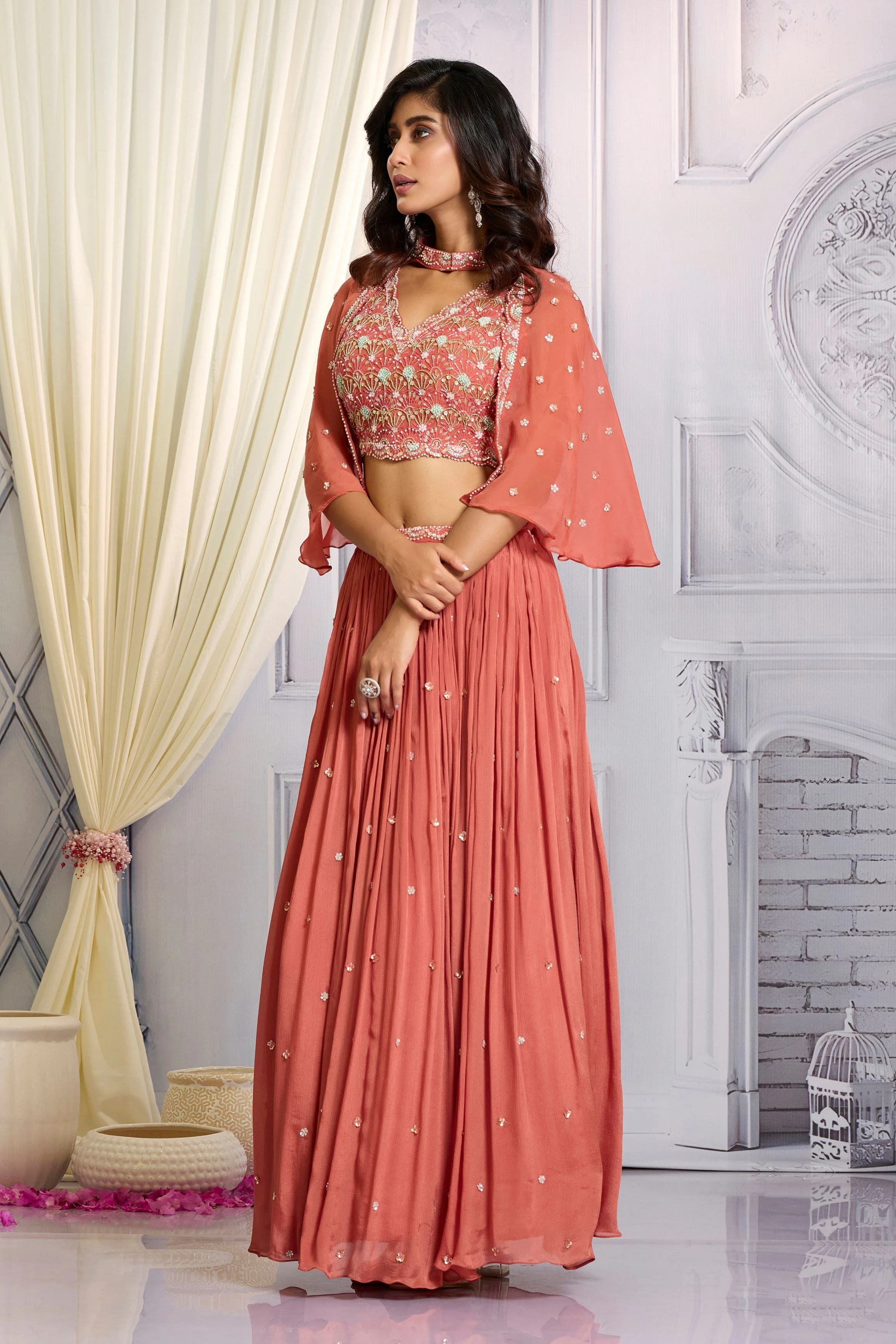 Peach Pink Embellished Chinon Silk Cape-Skirt Set - Image 4