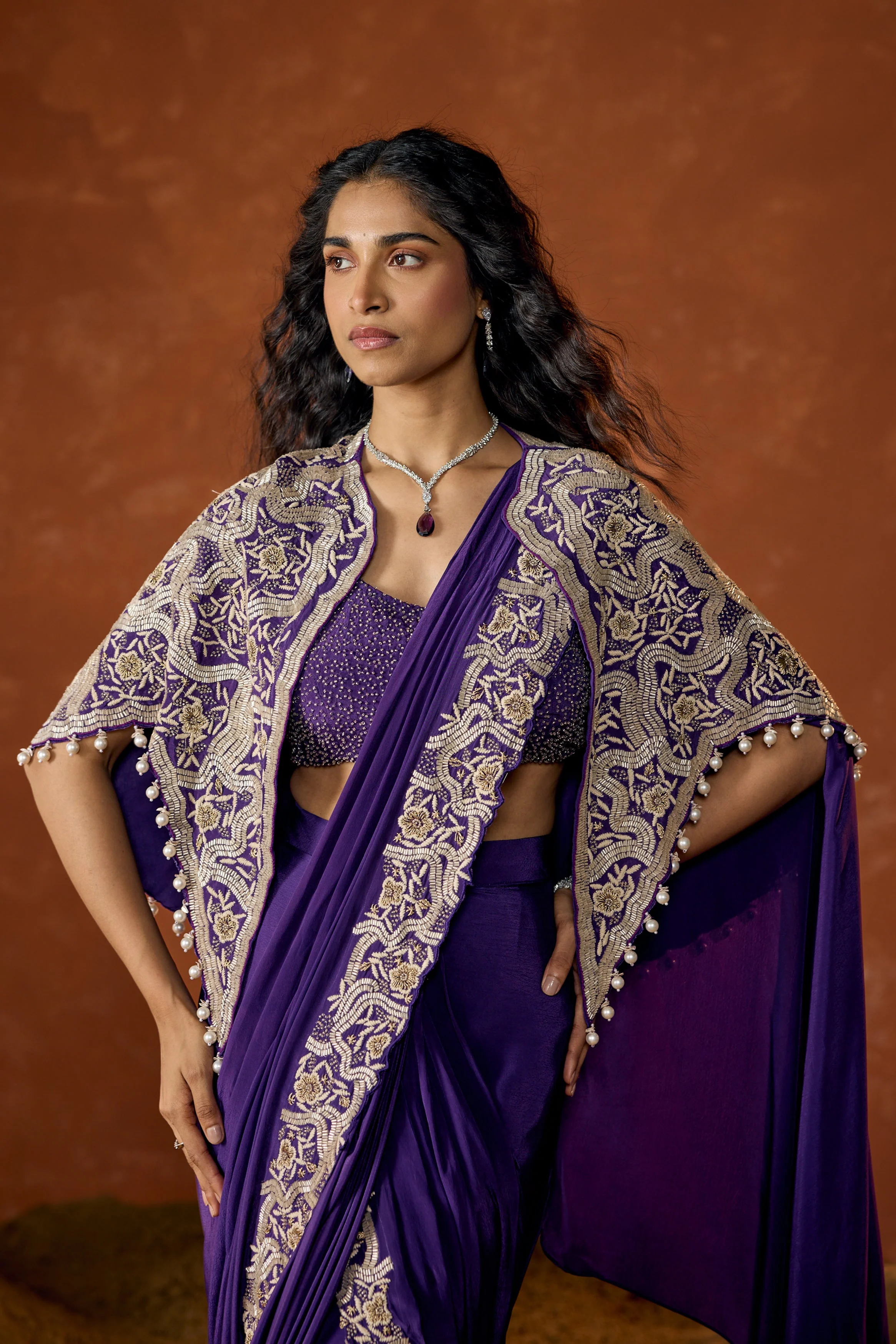Royal Purple Embellished Chinon Silk Draped Saree - Image 3