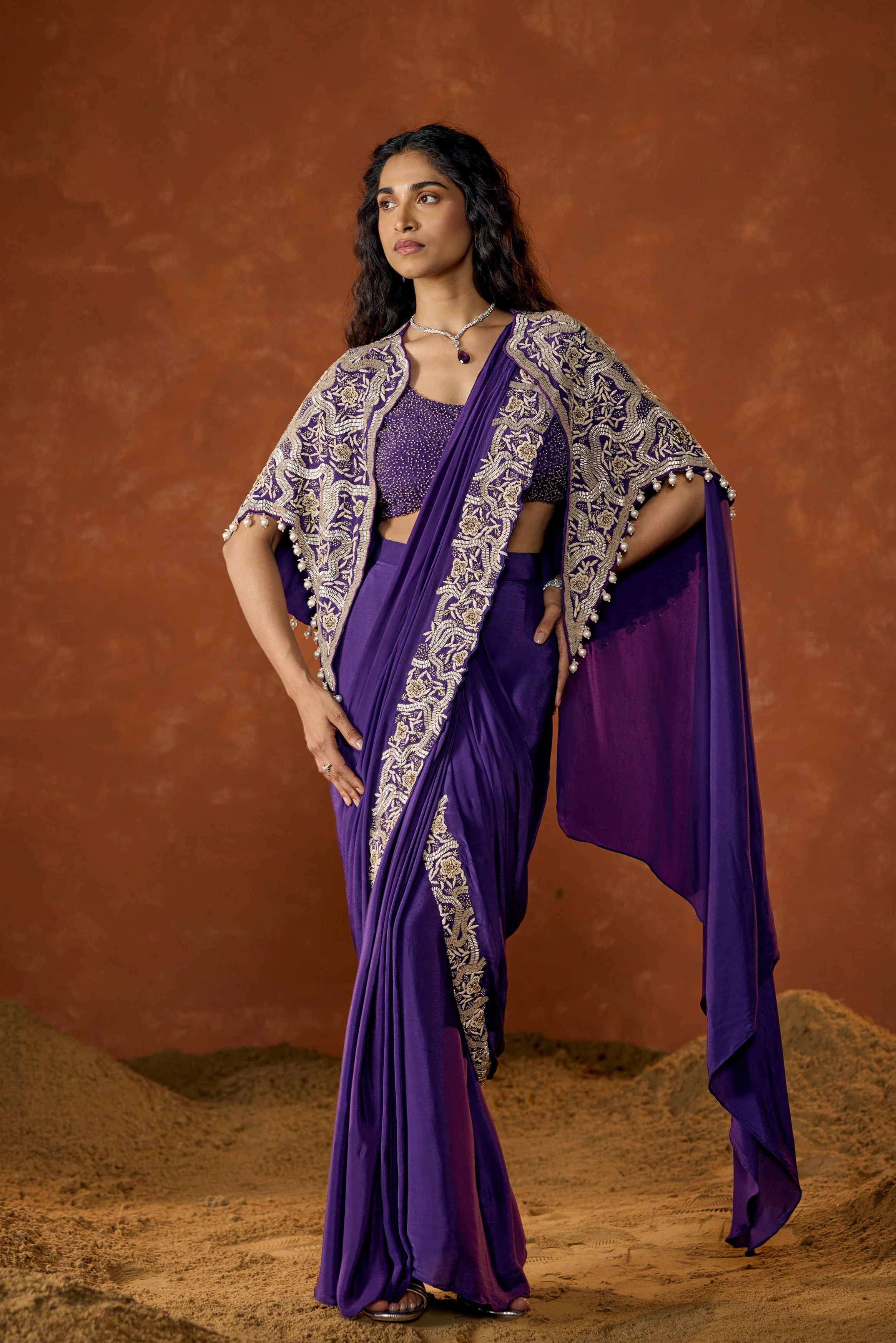 Royal Purple Embellished Chinon Silk Draped Saree - Image 4