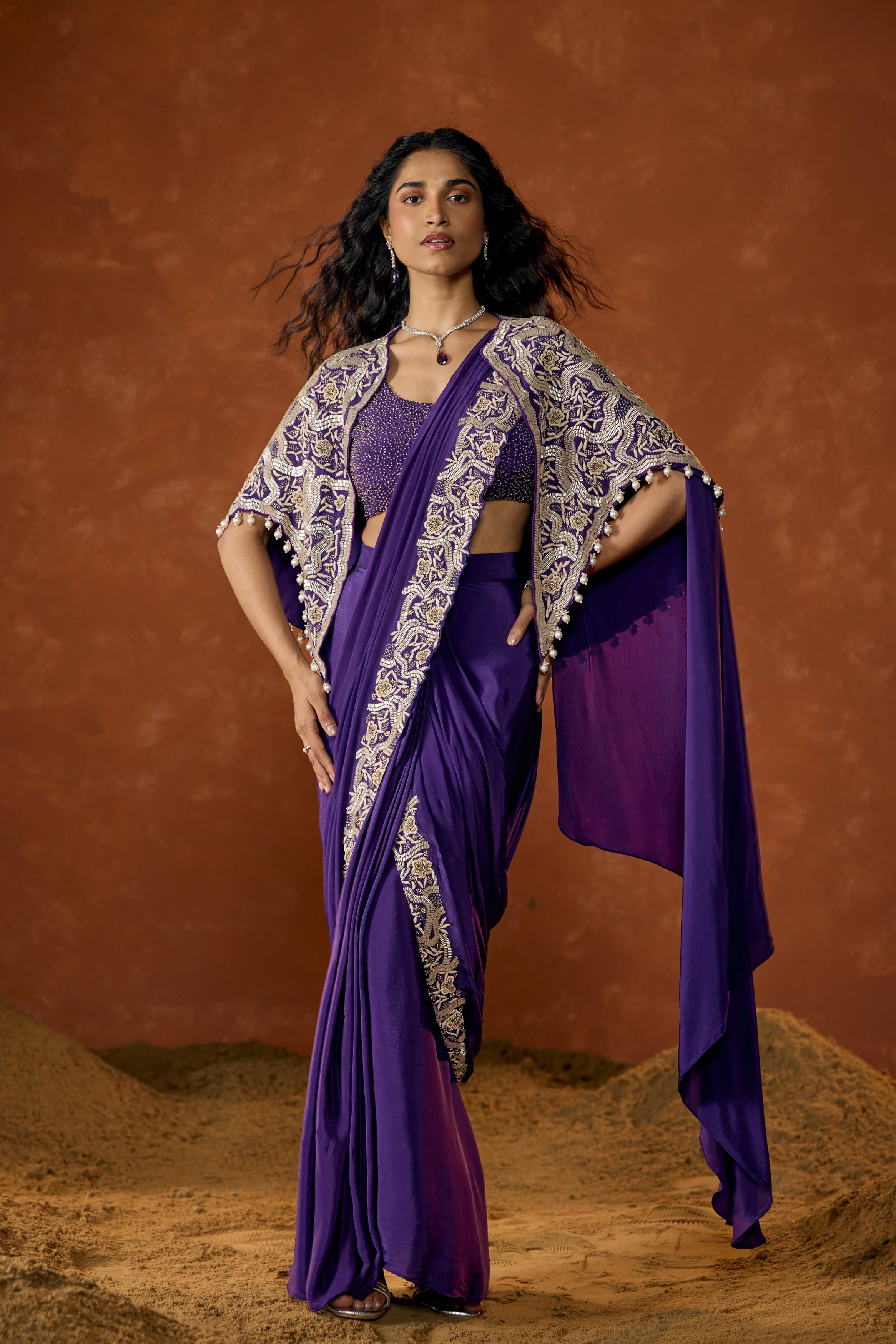 Royal Purple Embellished Chinon Silk Draped Saree - Image 5