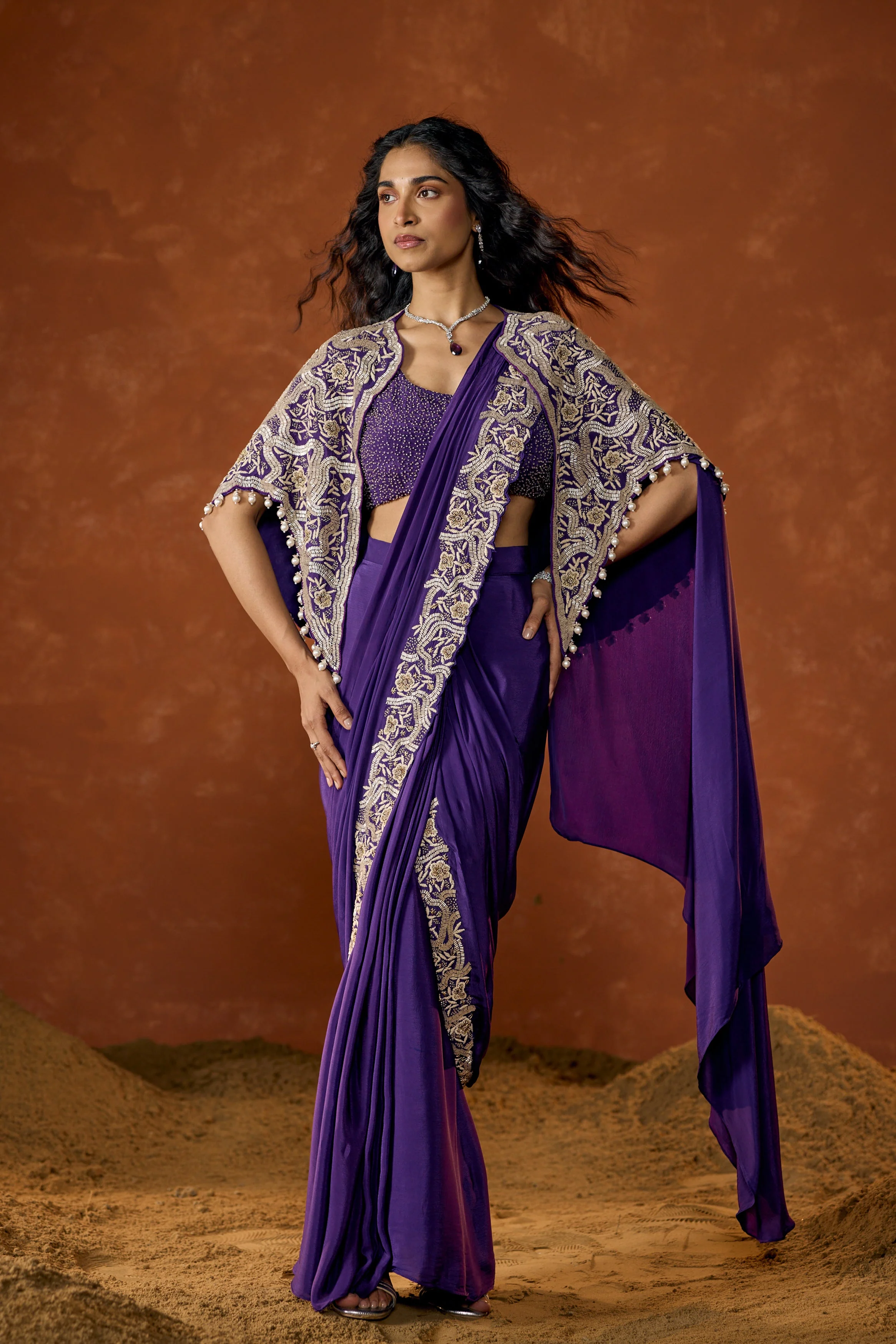 Royal Purple Embellished Chinon Silk Draped Saree - Image 6
