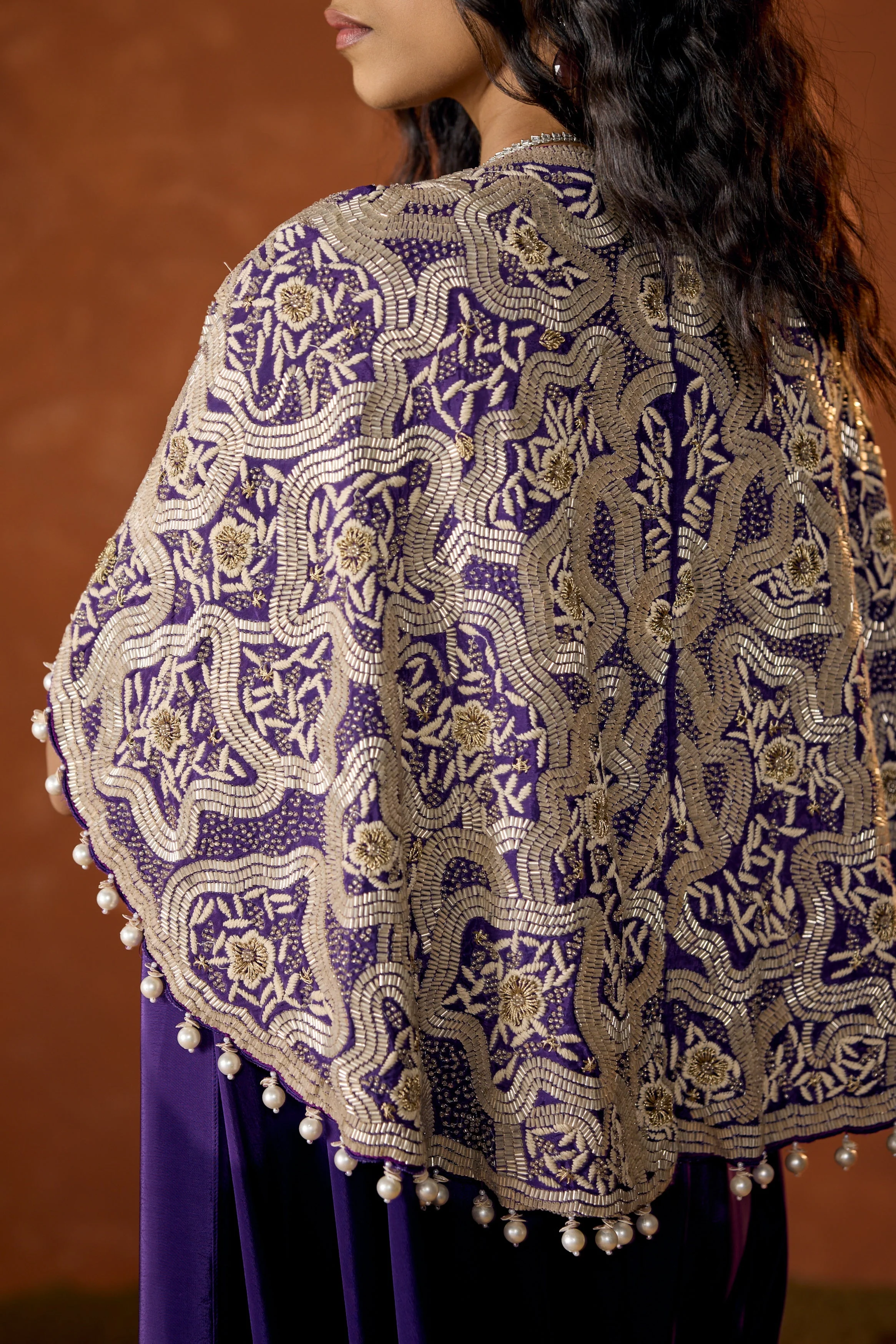 Royal Purple Embellished Chinon Silk Draped Saree - Image 7