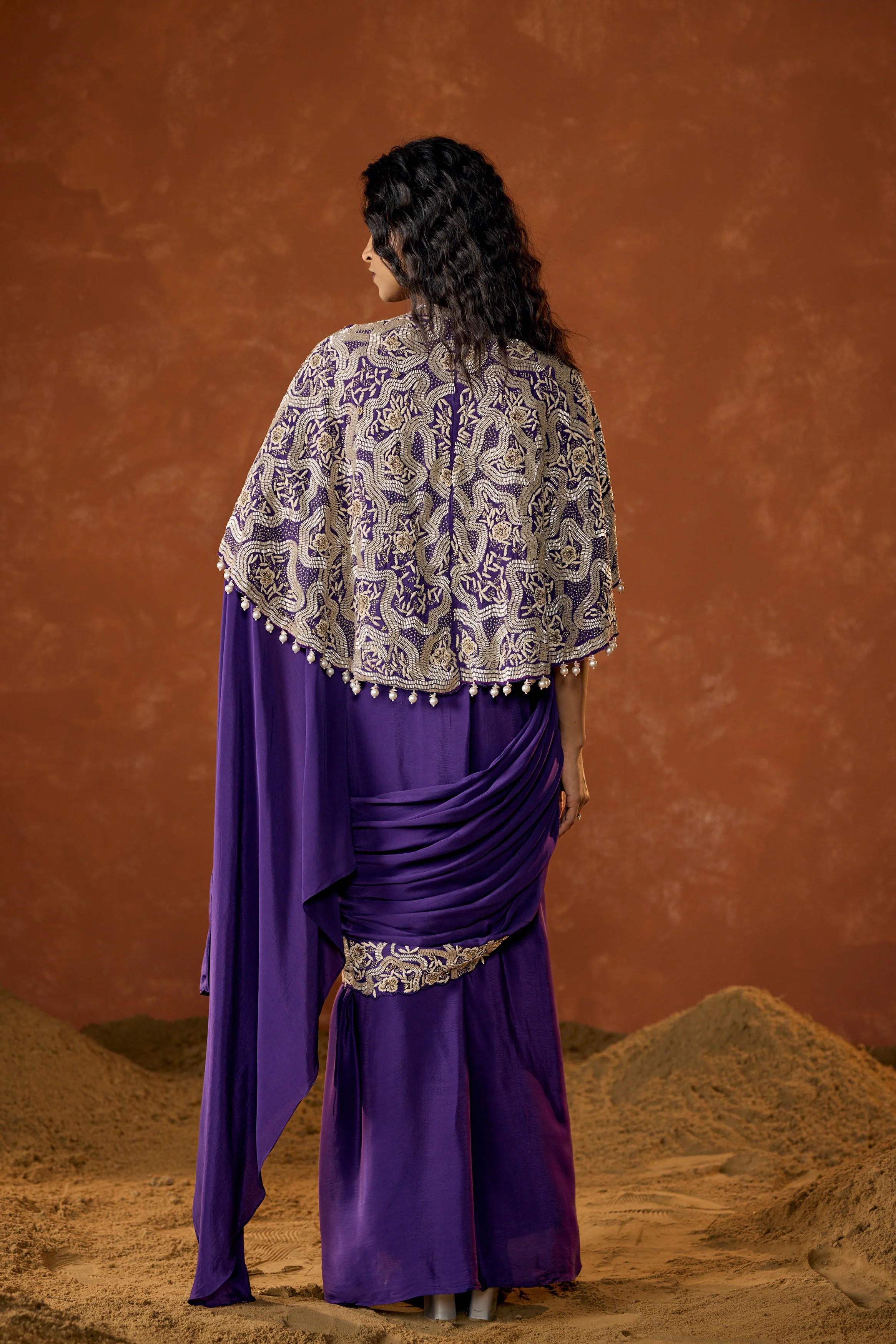 Royal Purple Embellished Chinon Silk Draped Saree - Image 8
