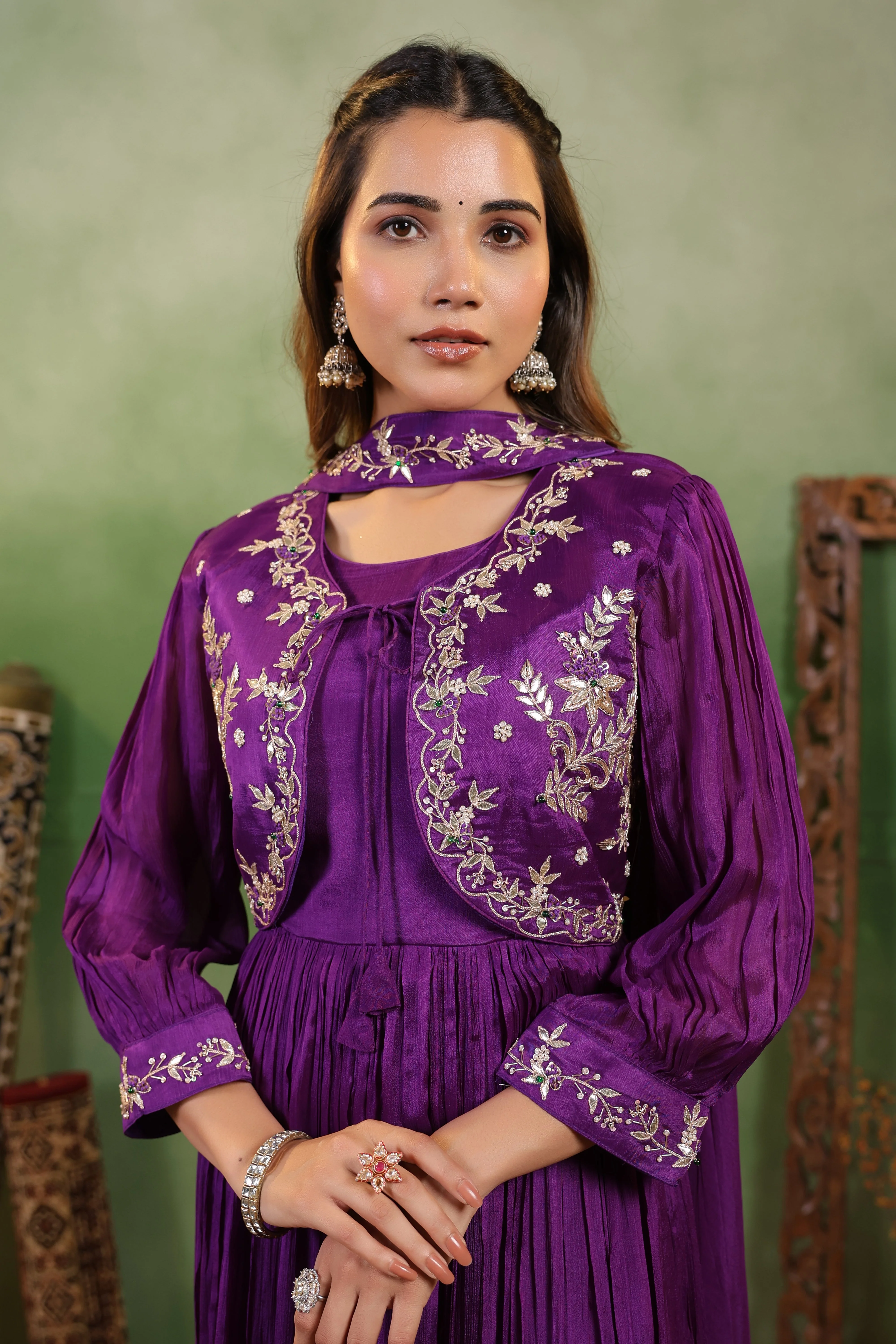 Regal Violet Embellished Chinon Silk Gown Set - Image 2