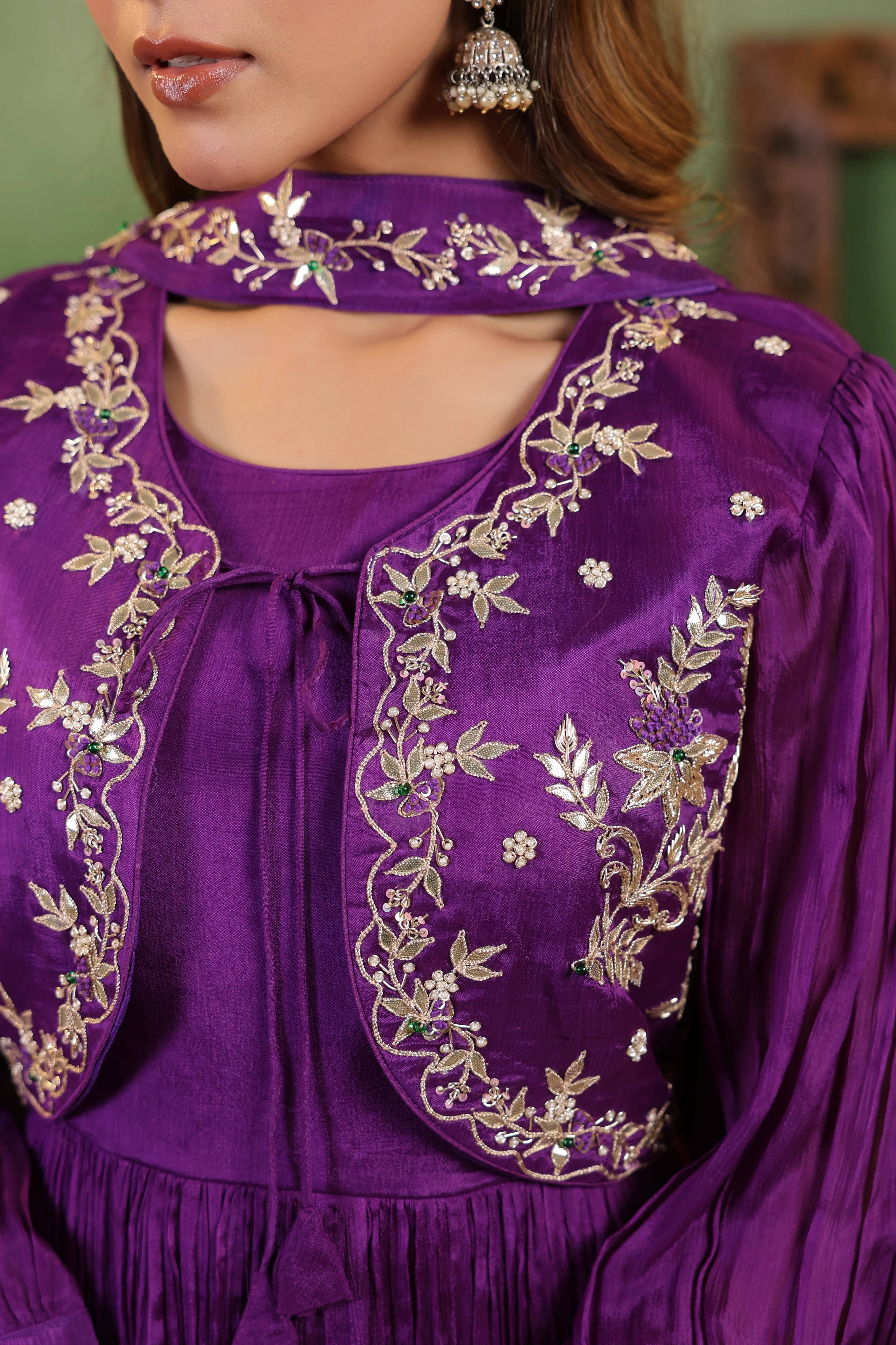 Regal Violet Embellished Chinon Silk Gown Set - Image 3
