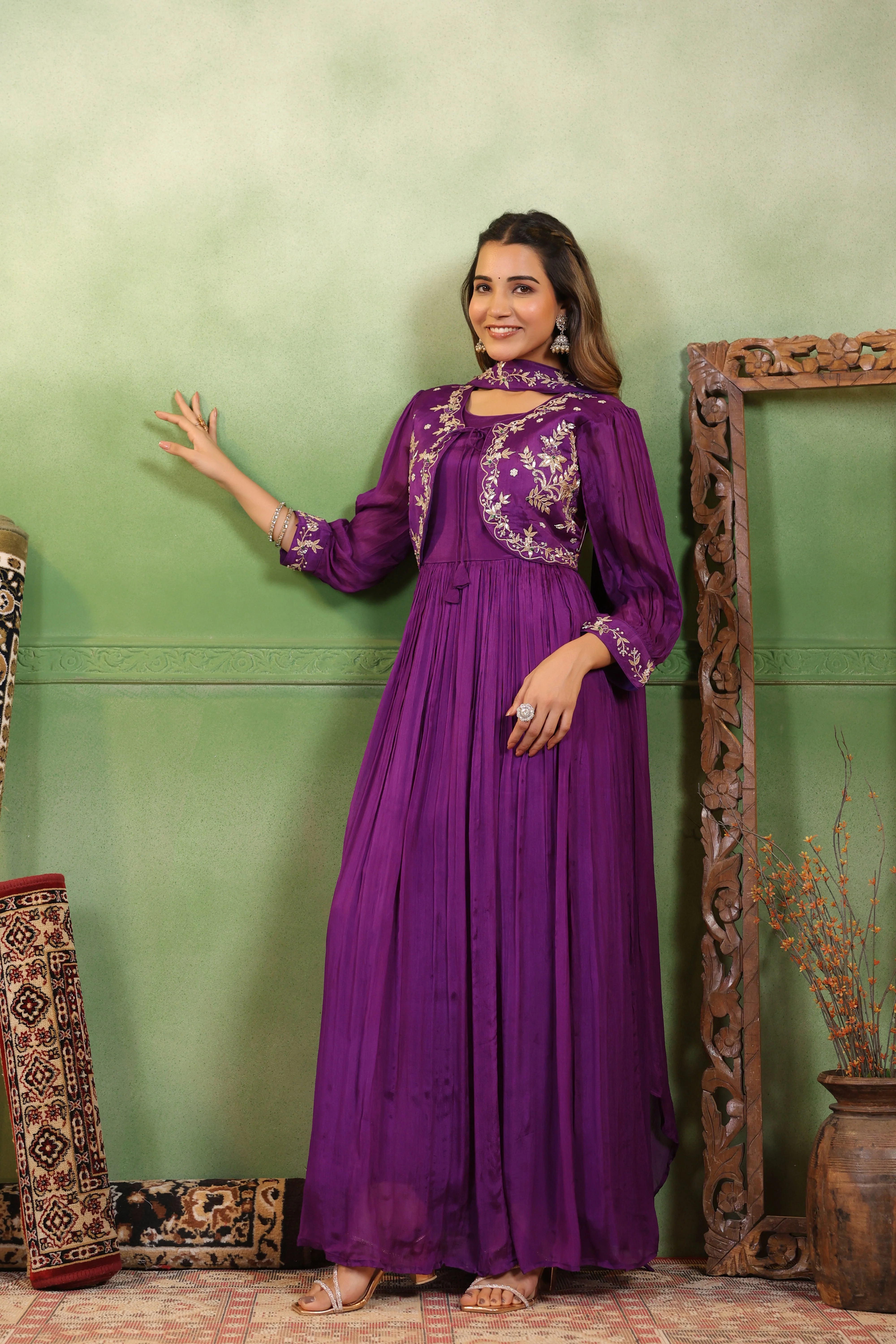 Regal Violet Embellished Chinon Silk Gown Set - Image 4