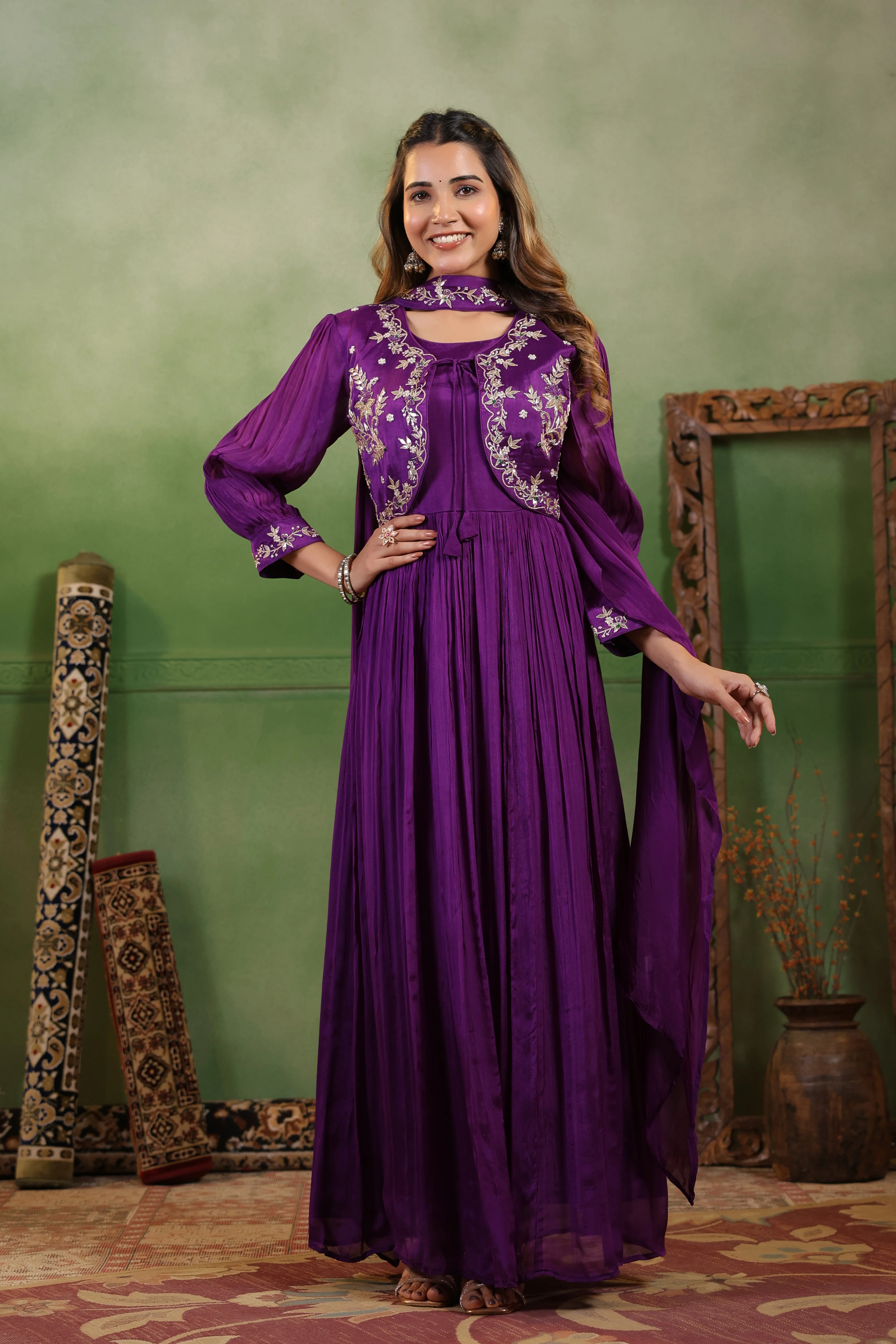 Regal Violet Embellished Chinon Silk Gown Set - Image 5