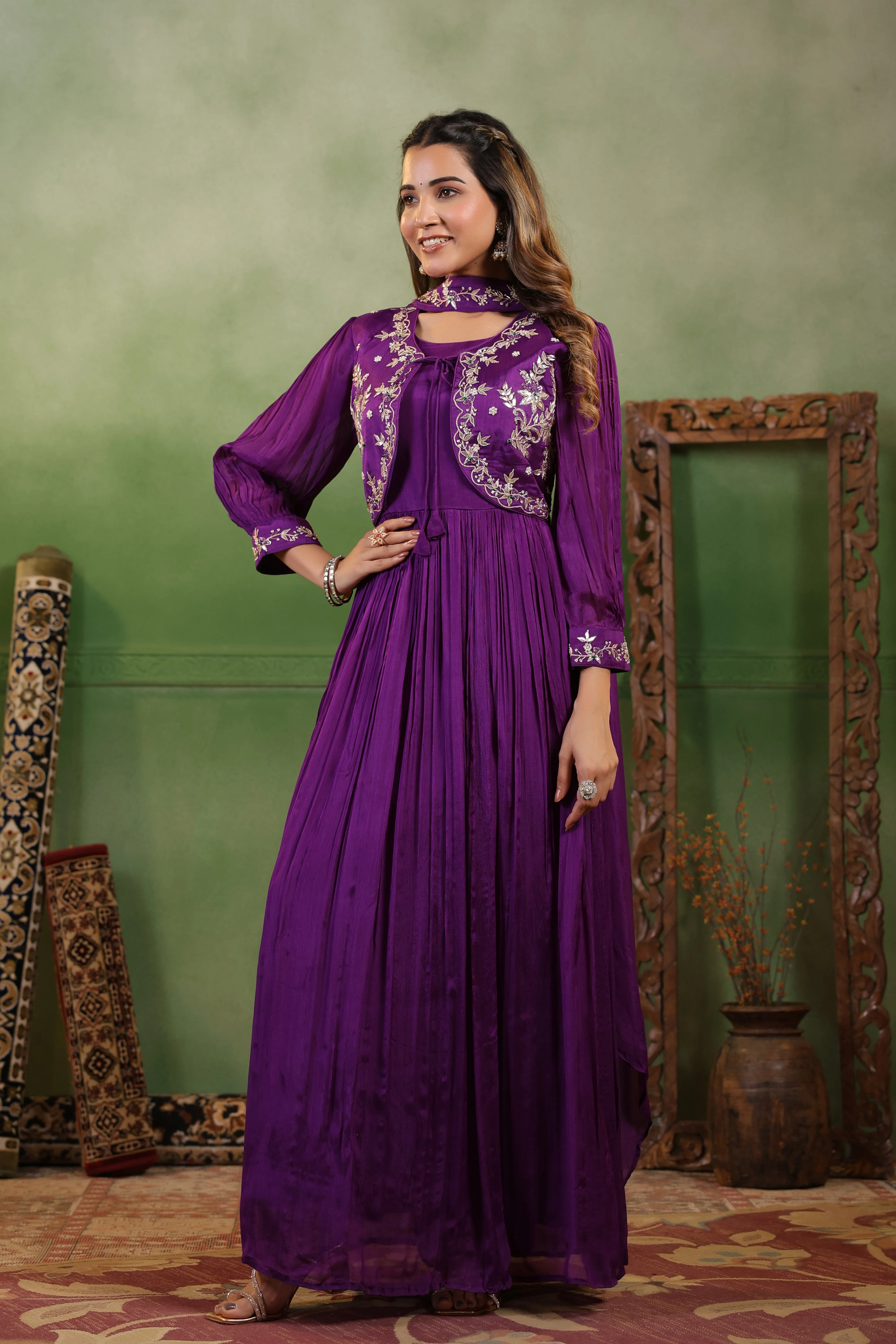 Regal Violet Embellished Chinon Silk Gown Set - Image 6