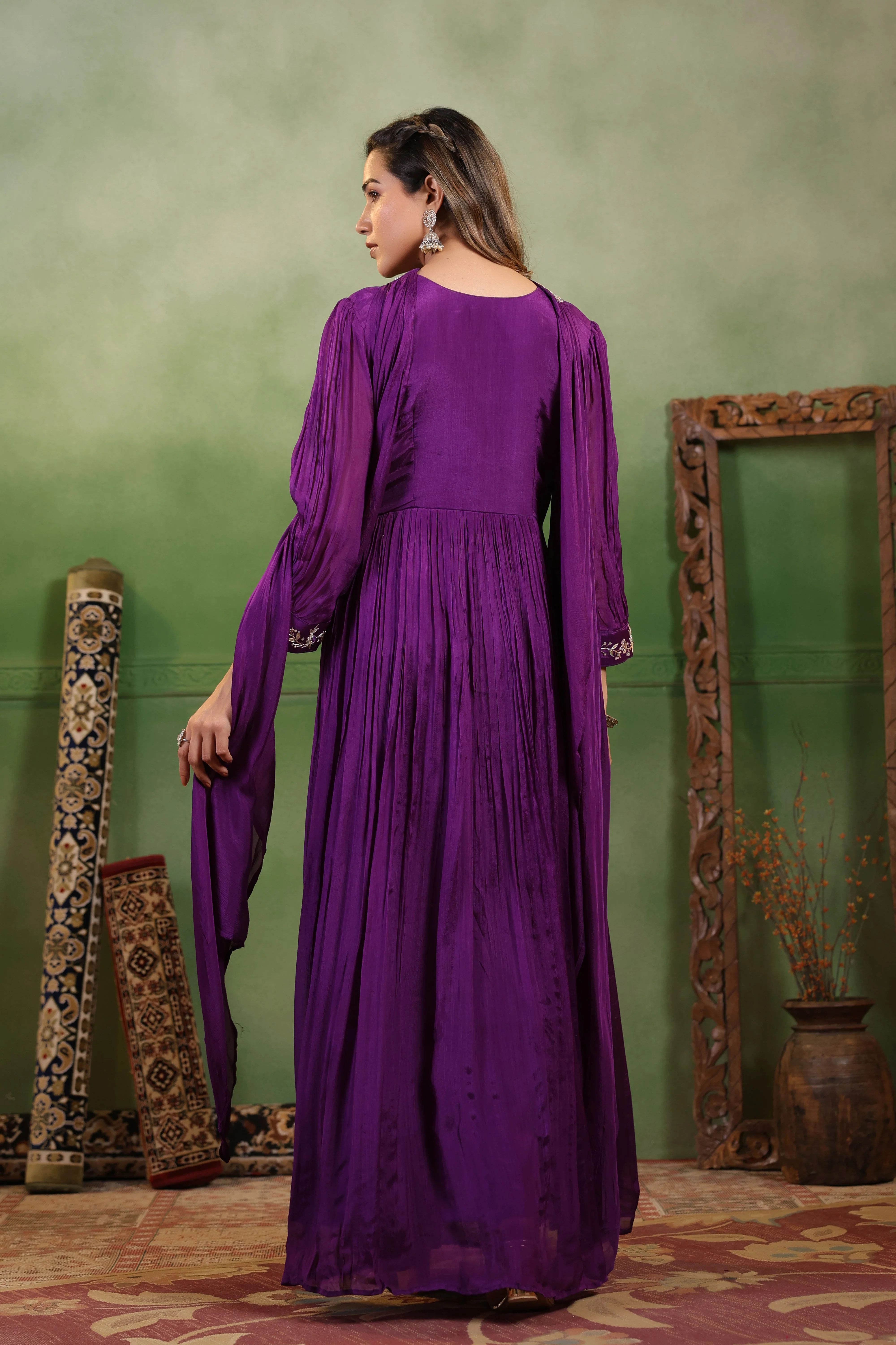 Regal Violet Embellished Chinon Silk Gown Set - Image 7