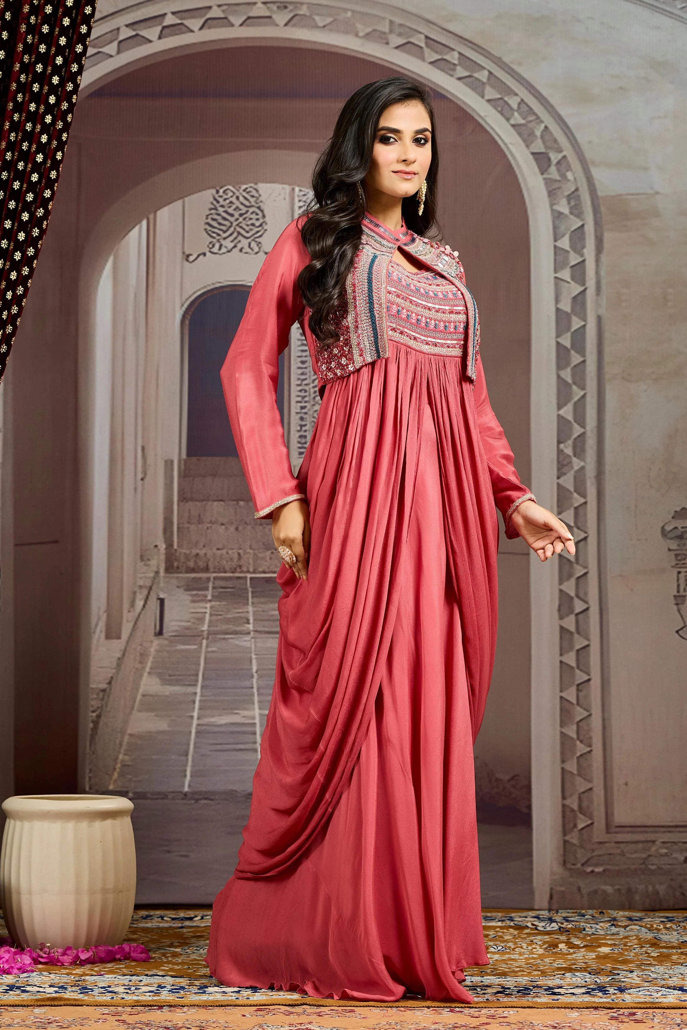 Hot Pink Embellished Chinon Silk Jacket Skirt Set - Image 3