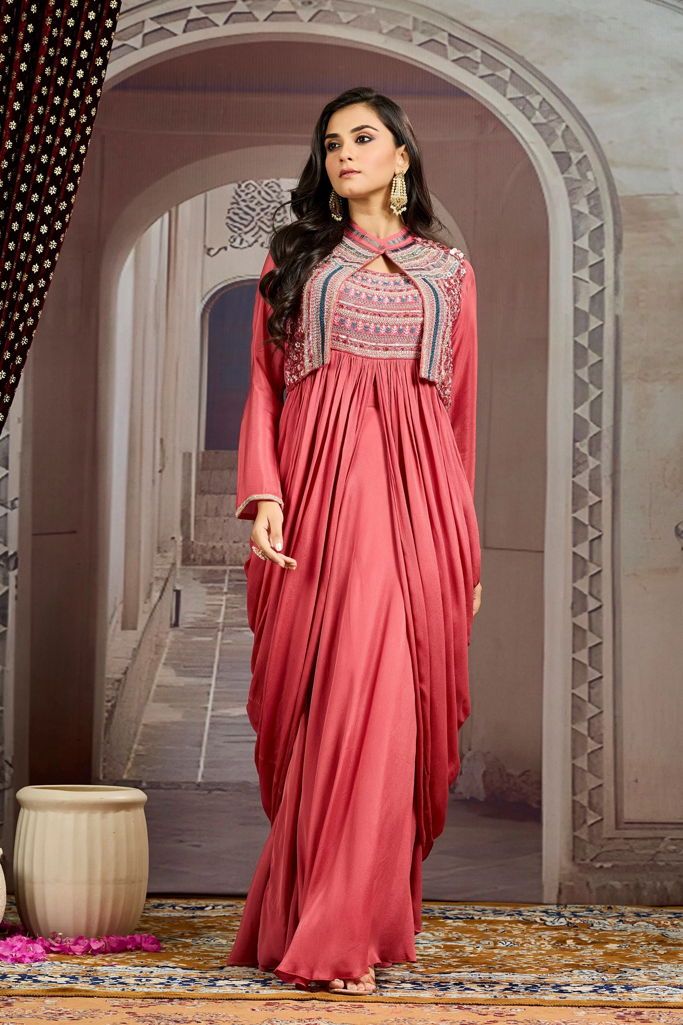 Hot Pink Embellished Chinon Silk Jacket Skirt Set - Image 4