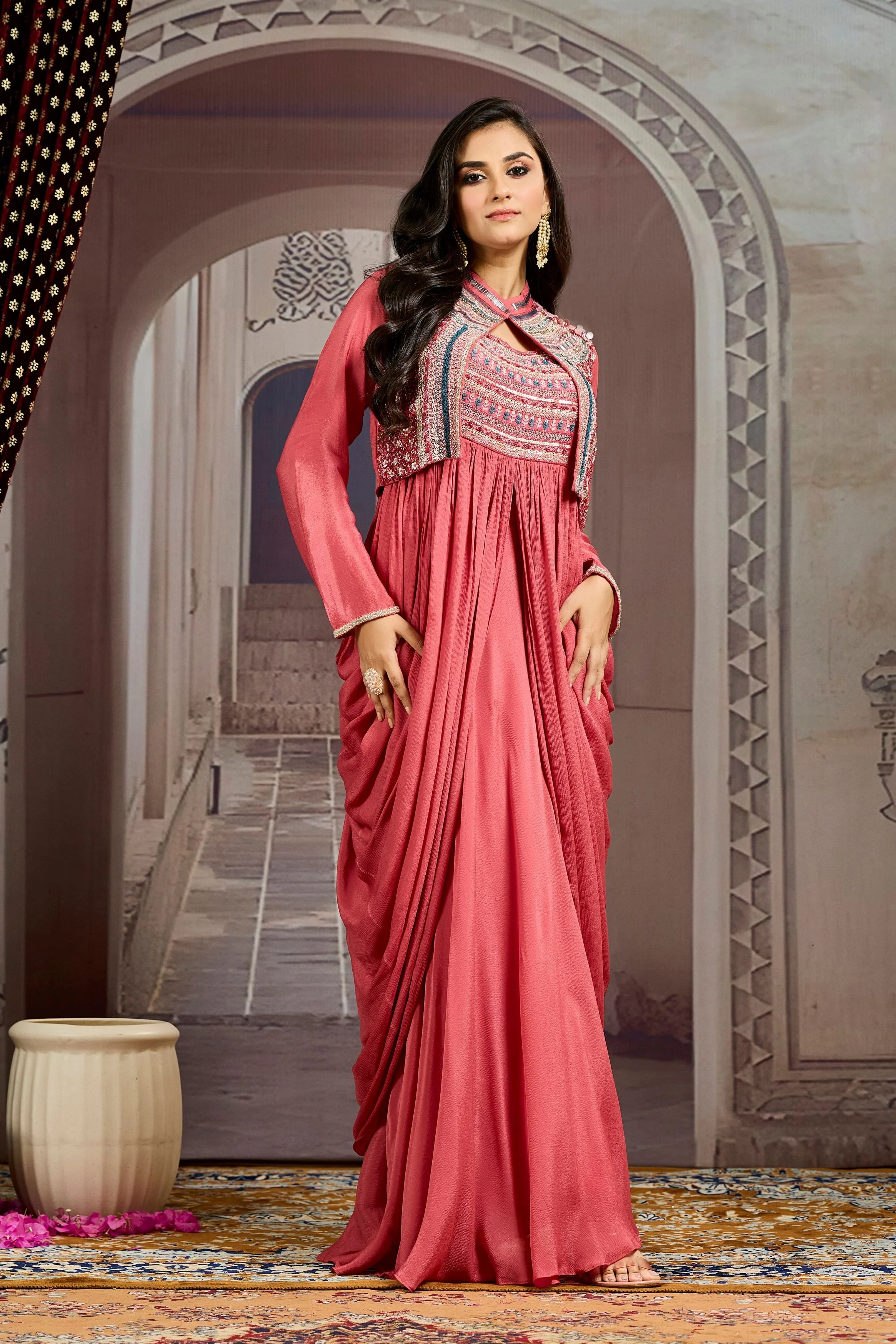 Hot Pink Embellished Chinon Silk Jacket Skirt Set - Image 5