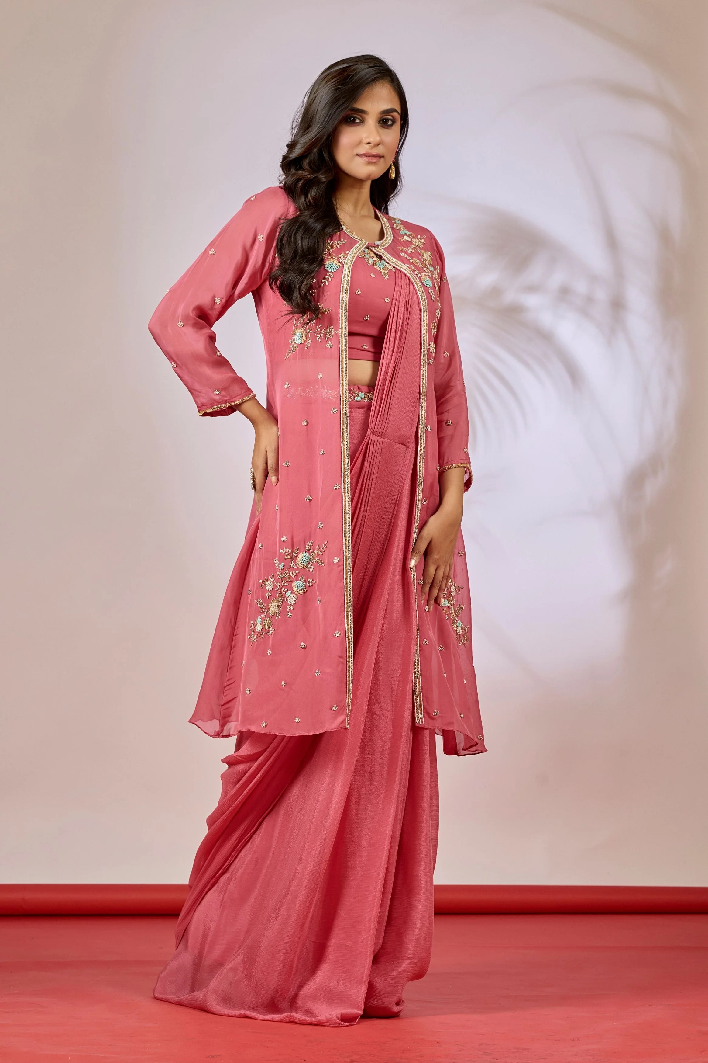 Blush Pink Embellished Chinon Silk Saree - Image 3