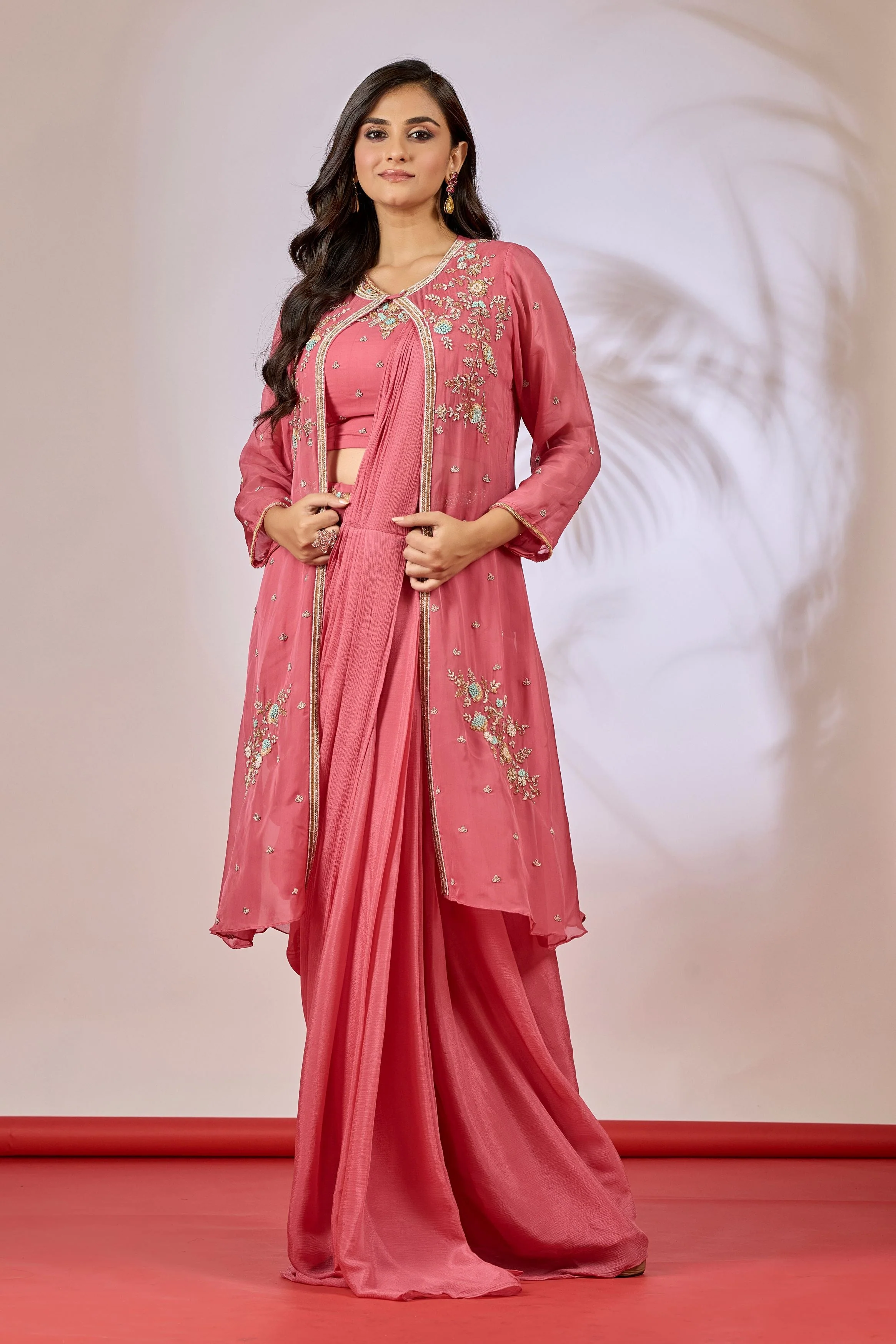 Blush Pink Embellished Chinon Silk Saree - Image 4