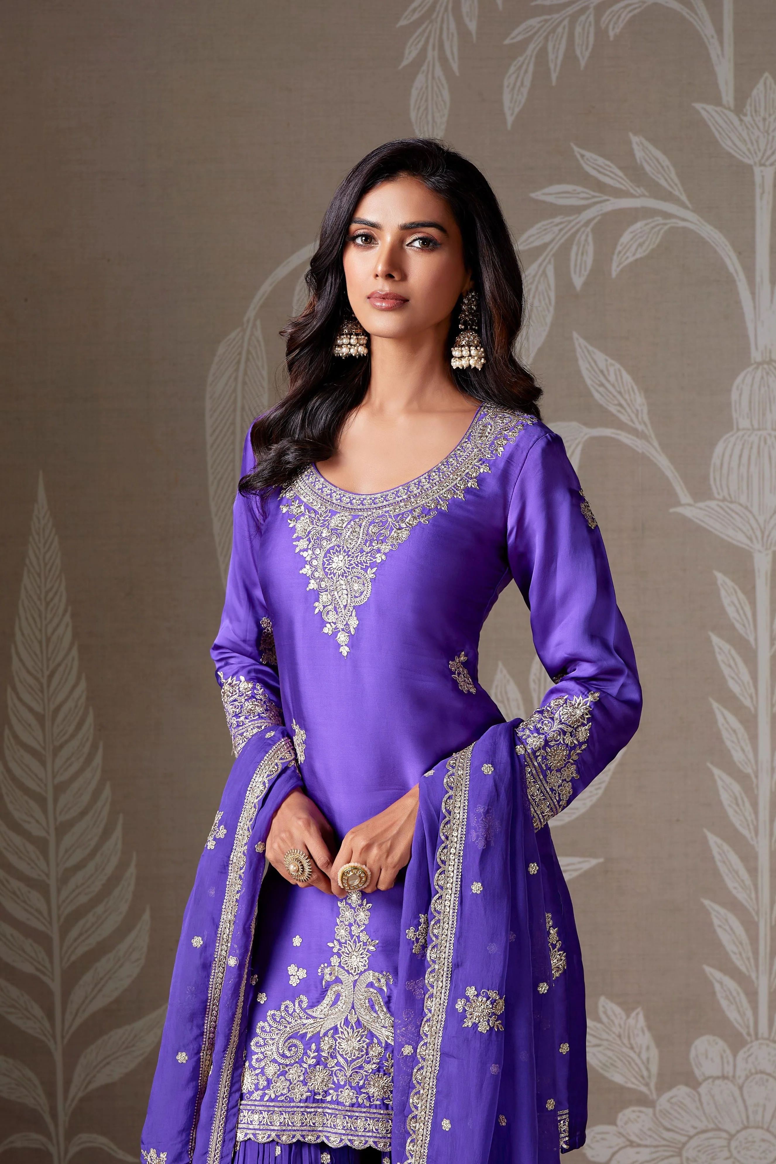 Purple Embellished Chinon Silk Sharara Set - Image 2
