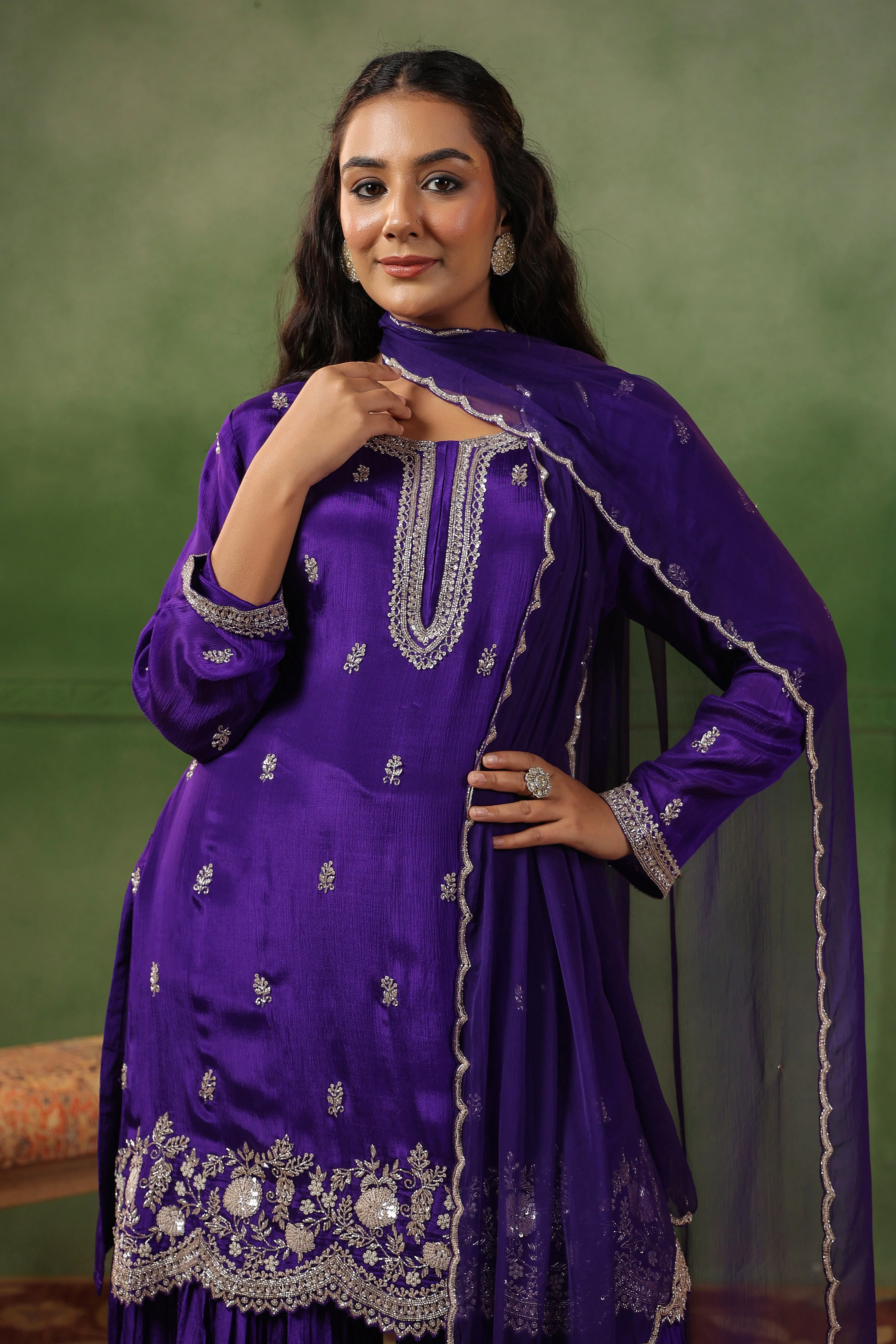 Royal Purple Embellished Chinon Silk Sharara Set - Image 4