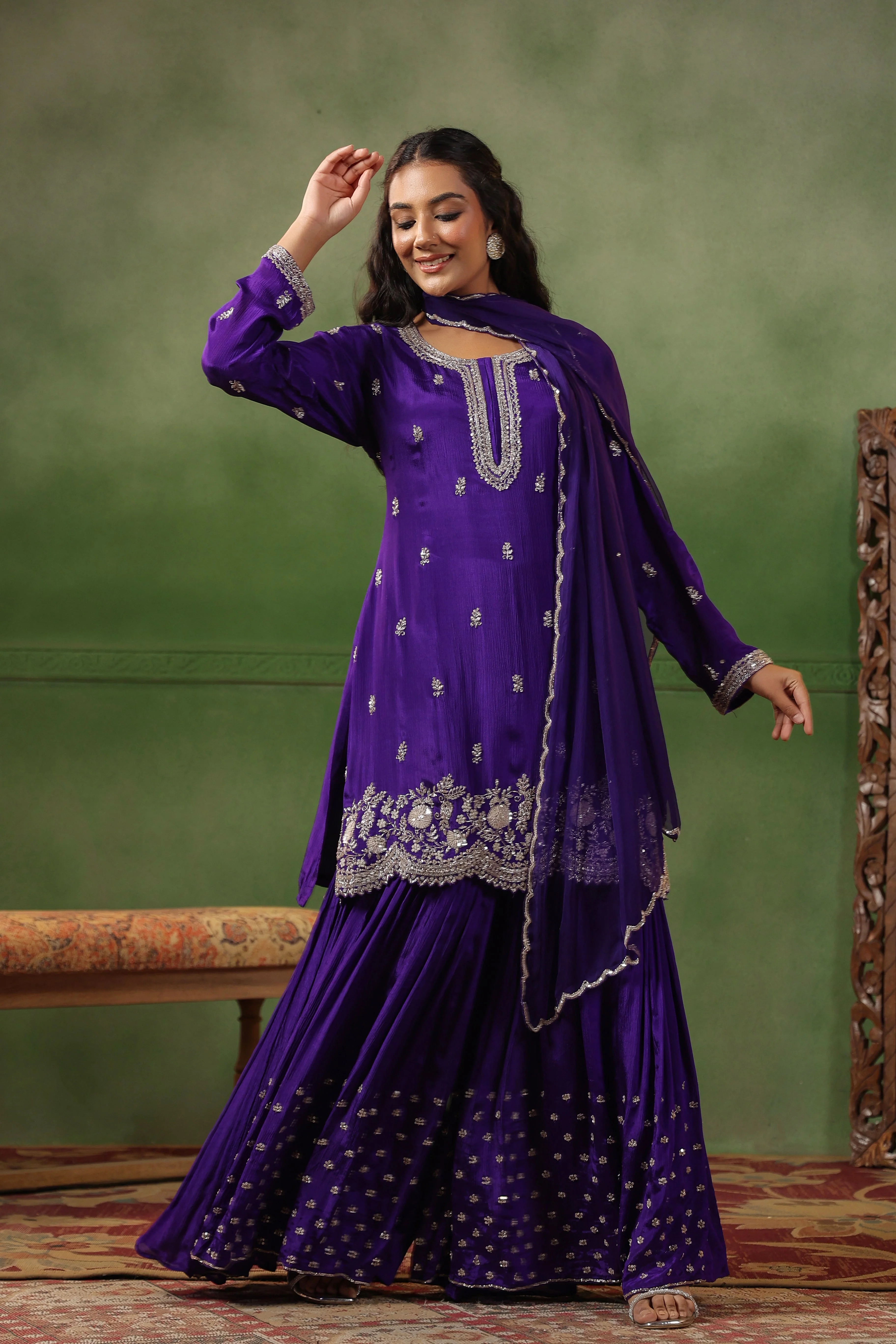 Royal Purple Embellished Chinon Silk Sharara Set - Image 5