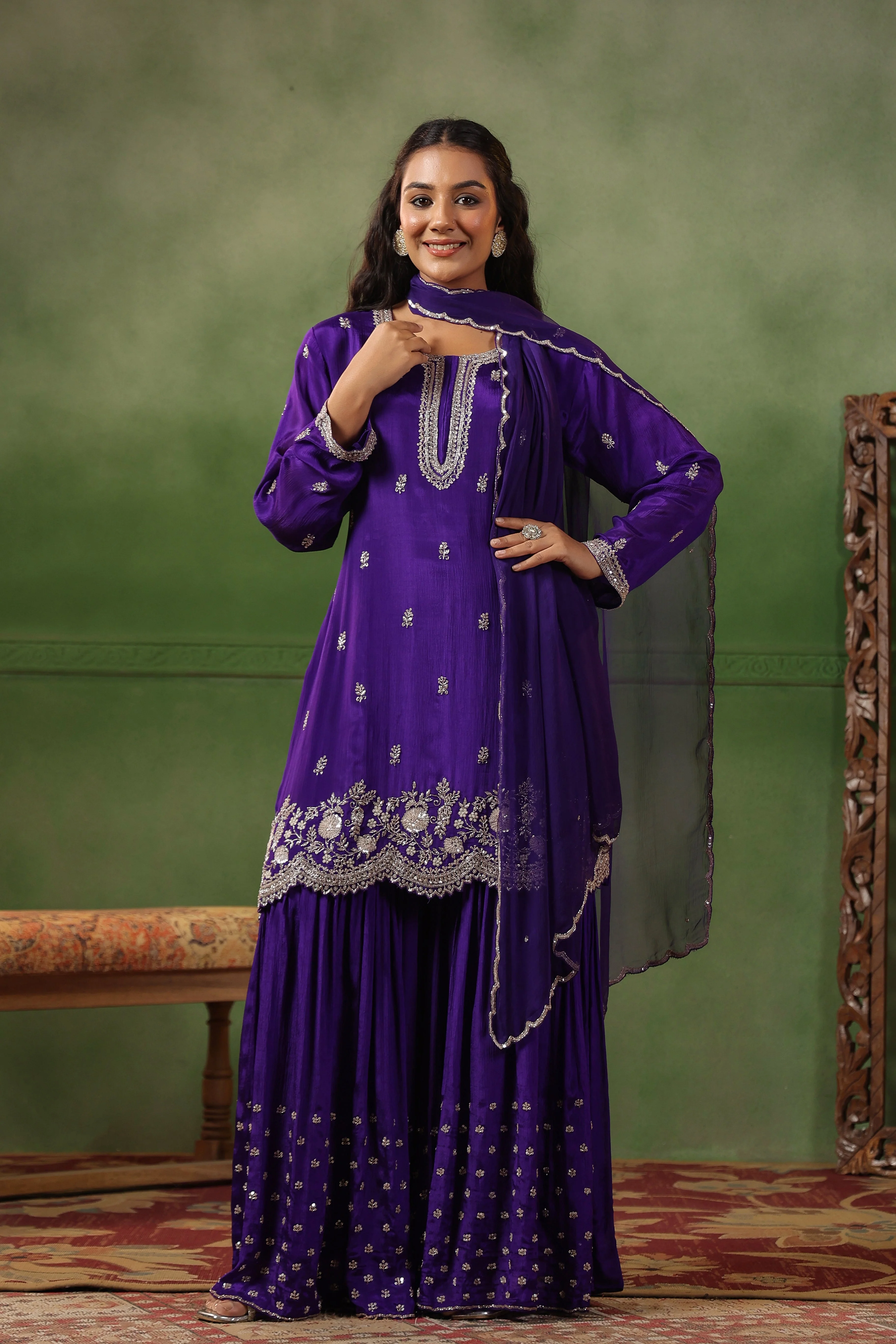Royal Purple Embellished Chinon Silk Sharara Set - Image 6