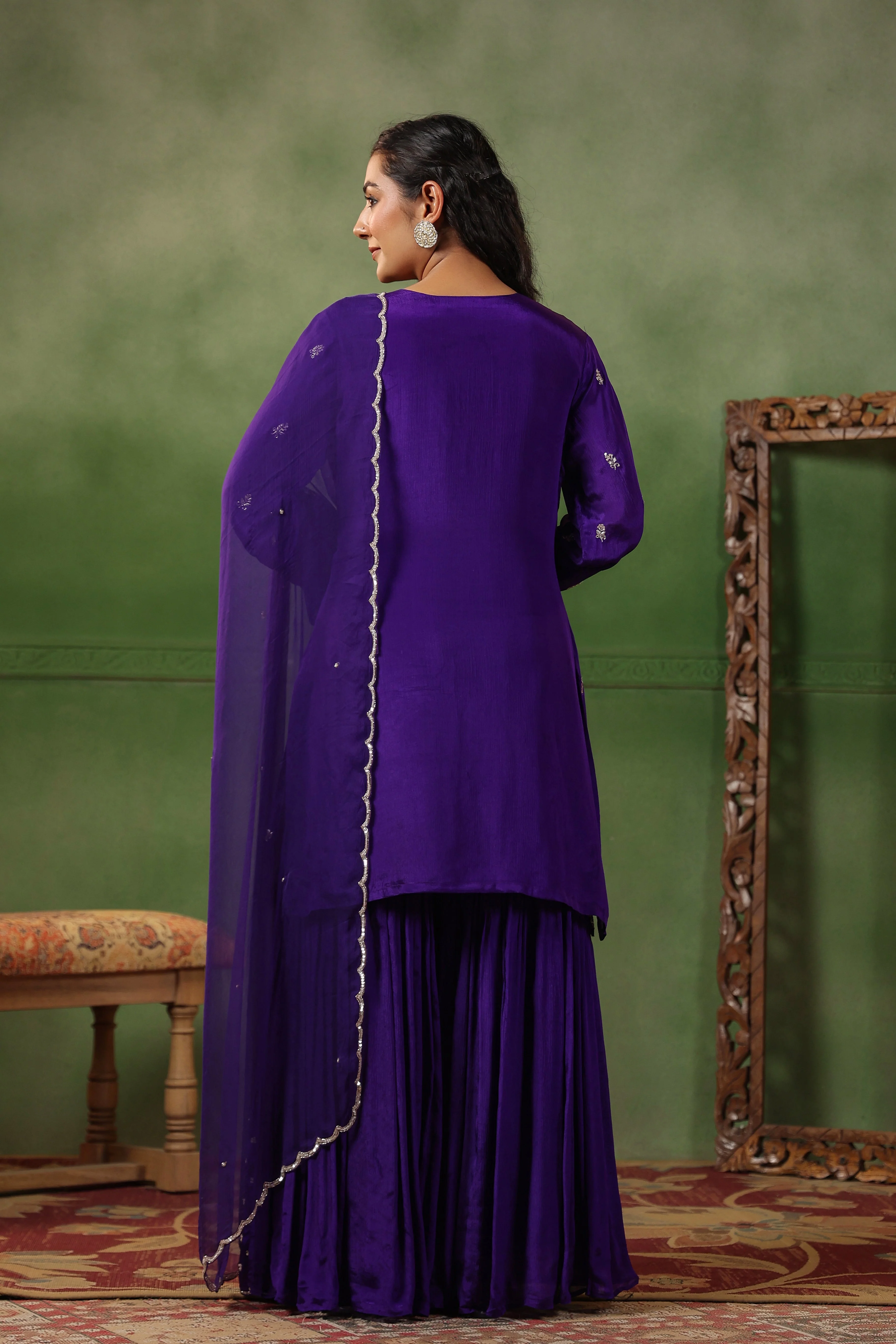 Royal Purple Embellished Chinon Silk Sharara Set - Image 8