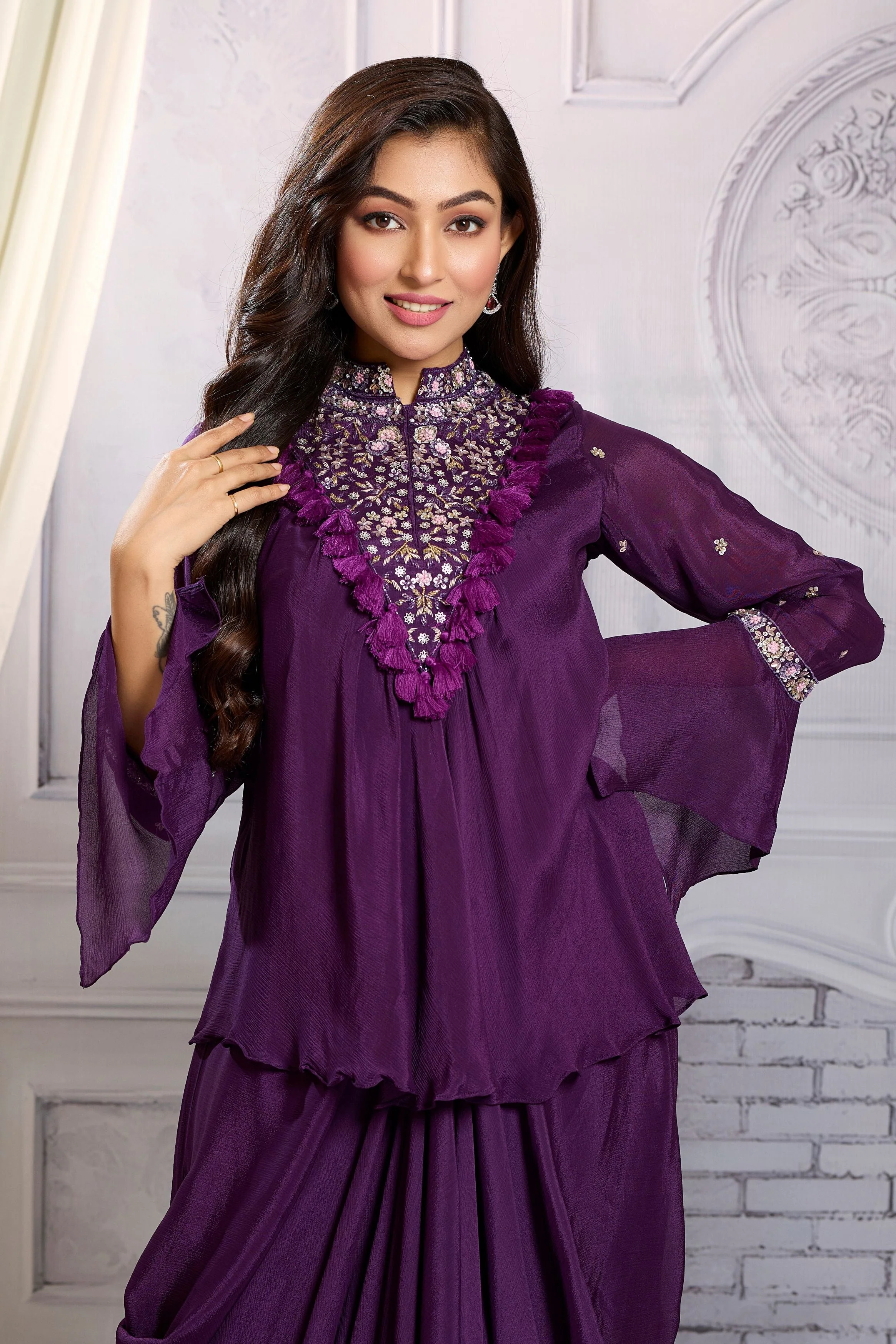 Purple Embellished Chinon Silk Skirt Set - Image 2
