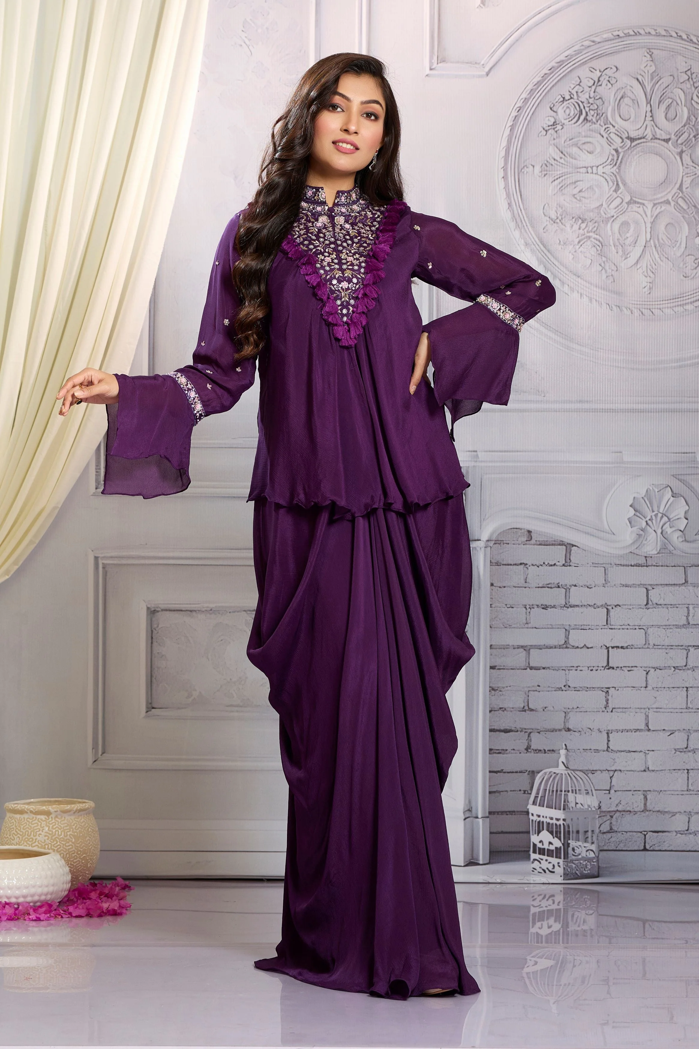 Purple Embellished Chinon Silk Skirt Set - Image 3