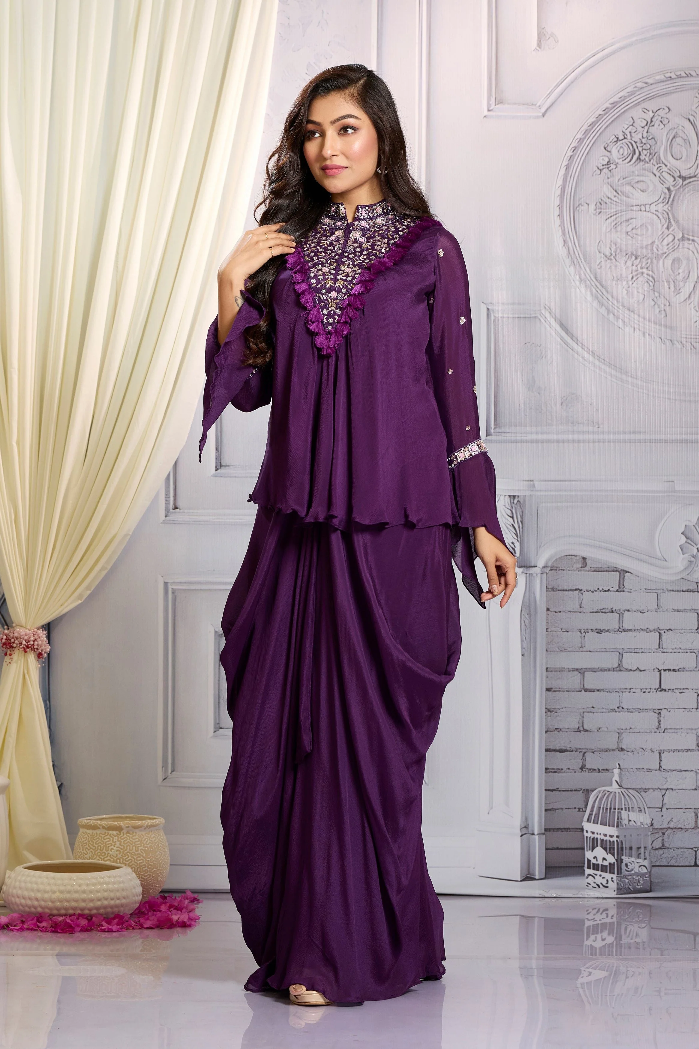 Purple Embellished Chinon Silk Skirt Set - Image 4
