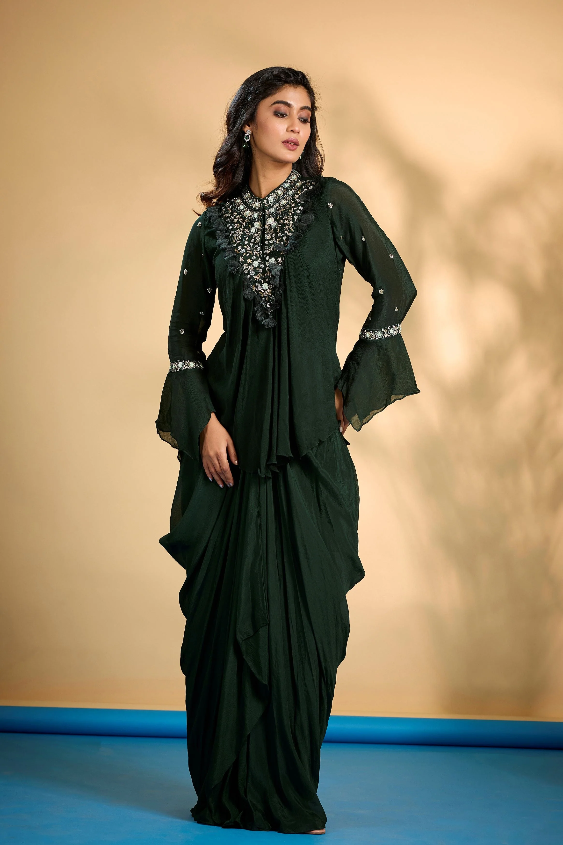 Bottle Green Embellished Chinon Silk Skirt Set - Image 3