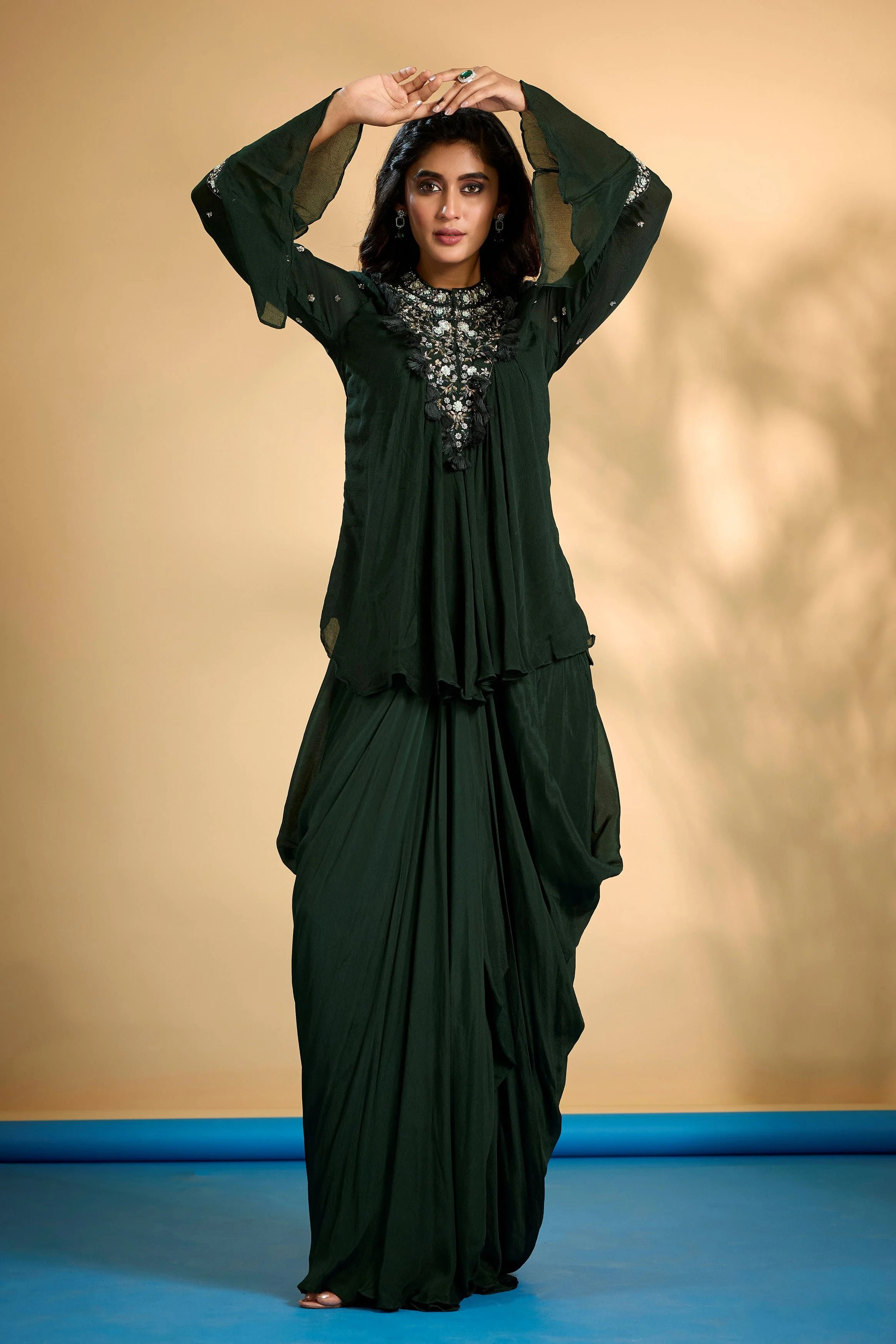 Bottle Green Embellished Chinon Silk Skirt Set - Image 4