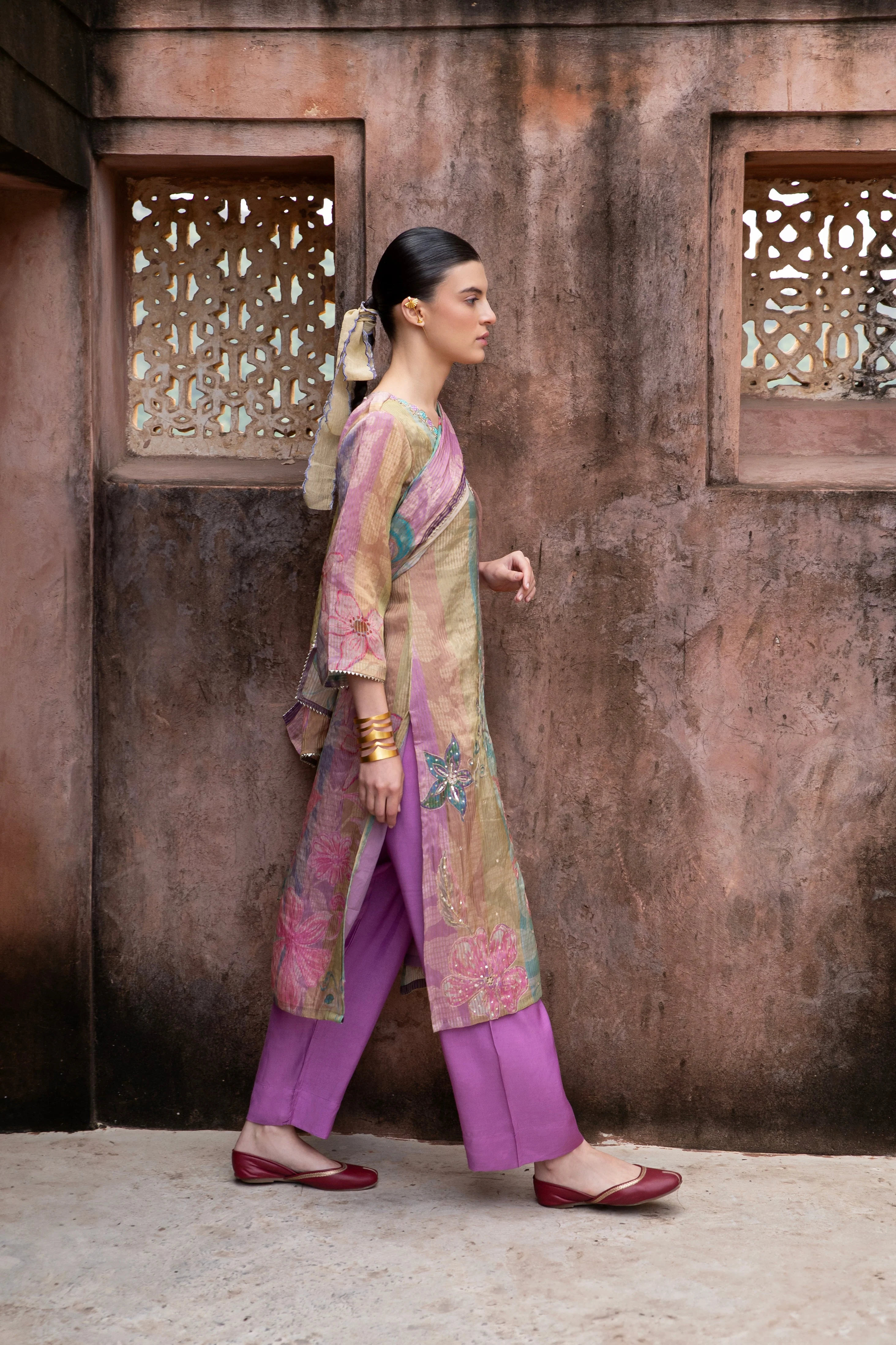 Purple Embellished  Premium Silk Pant Set - Image 3