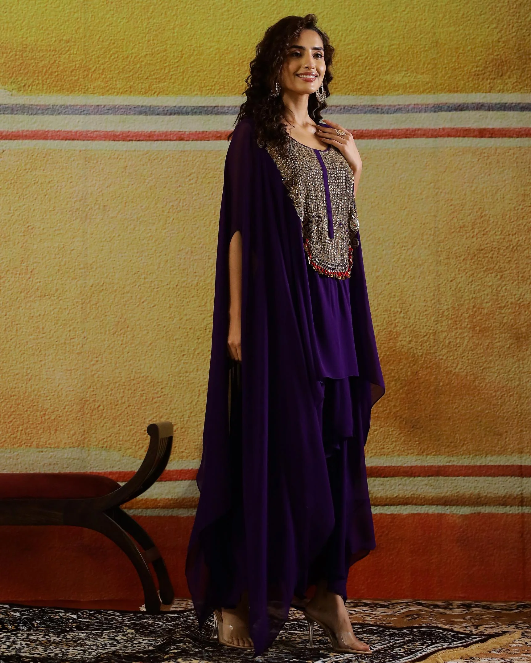 Purple Embellished Georgette Kaftan Set - Image 3