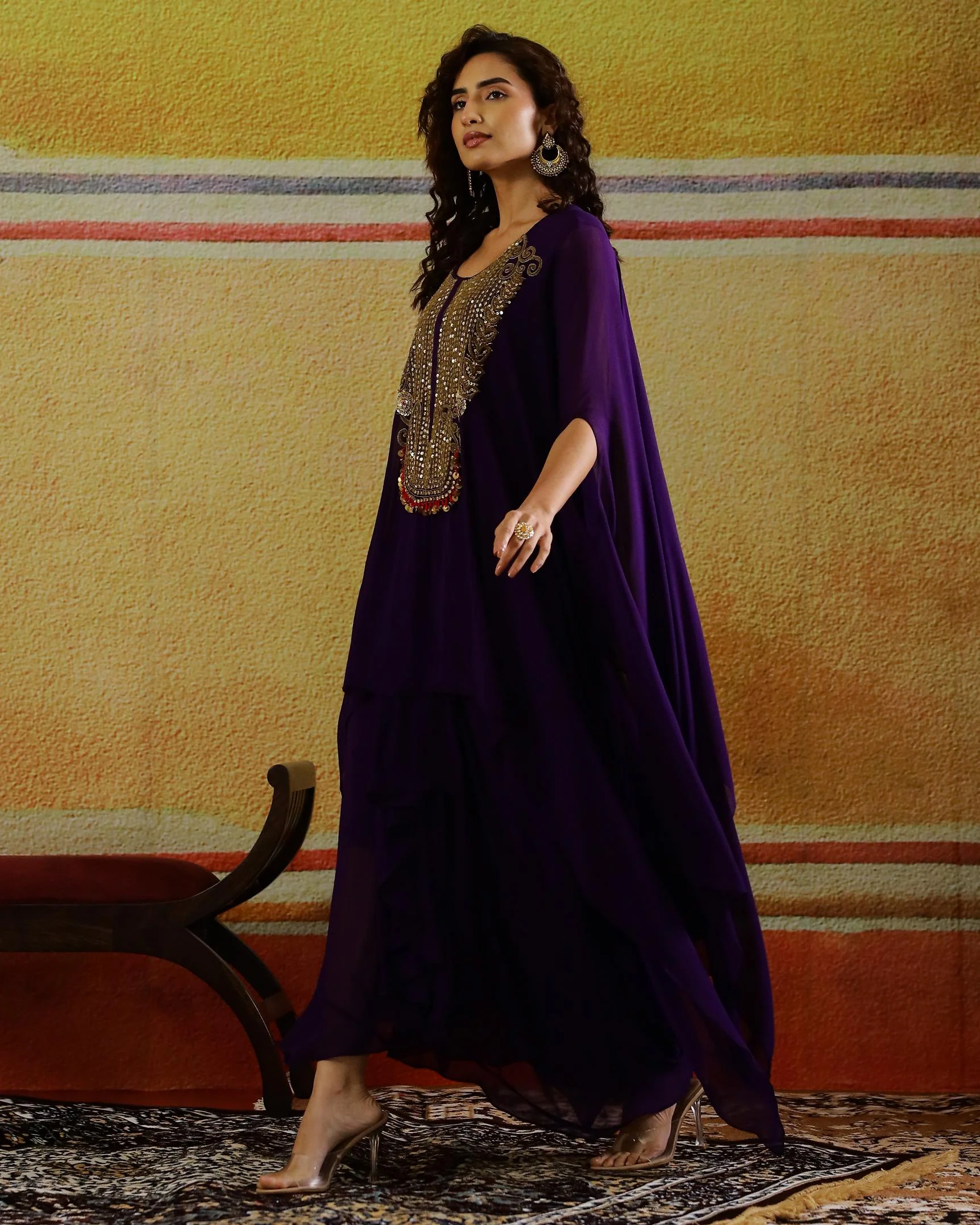 Purple Embellished Georgette Kaftan Set - Image 4