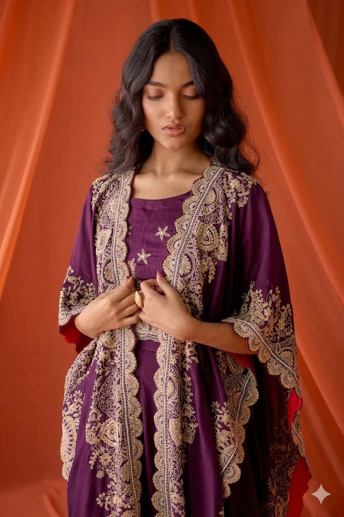 Deep Plum Embellished Raw Silk Cape Set - Image 2