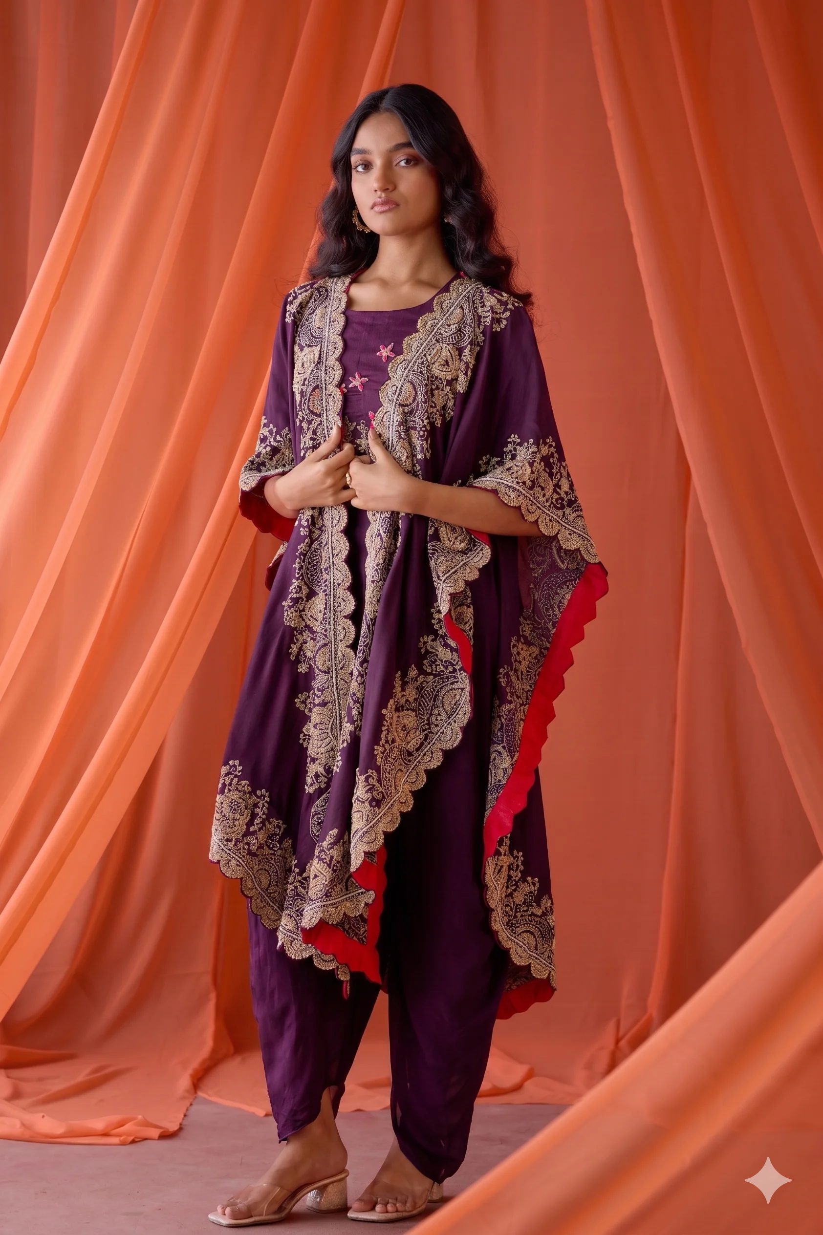Deep Plum Embellished Raw Silk Cape Set - Image 3
