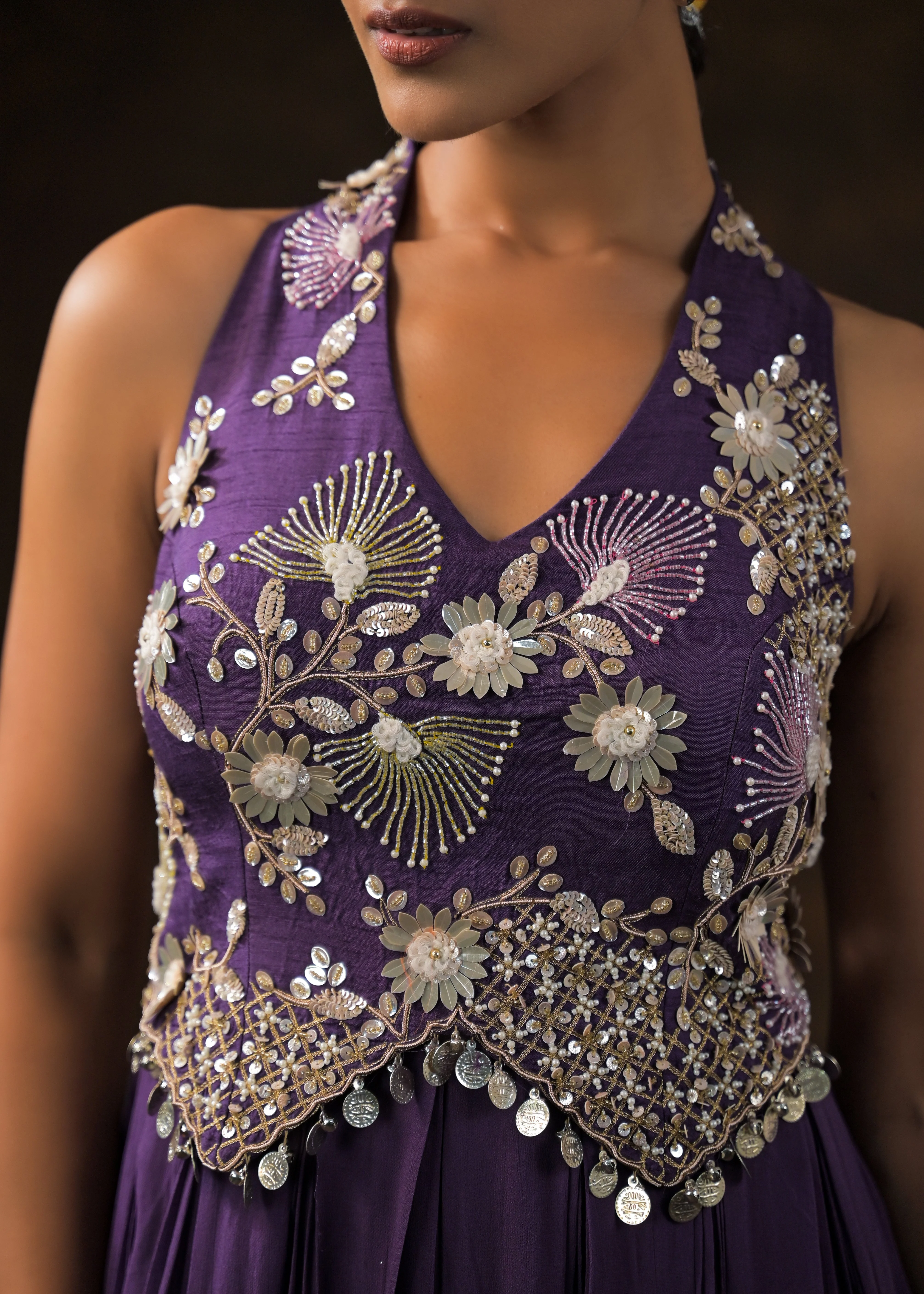 Regal Violet Embellished Georgette Silk Gown - Image 2