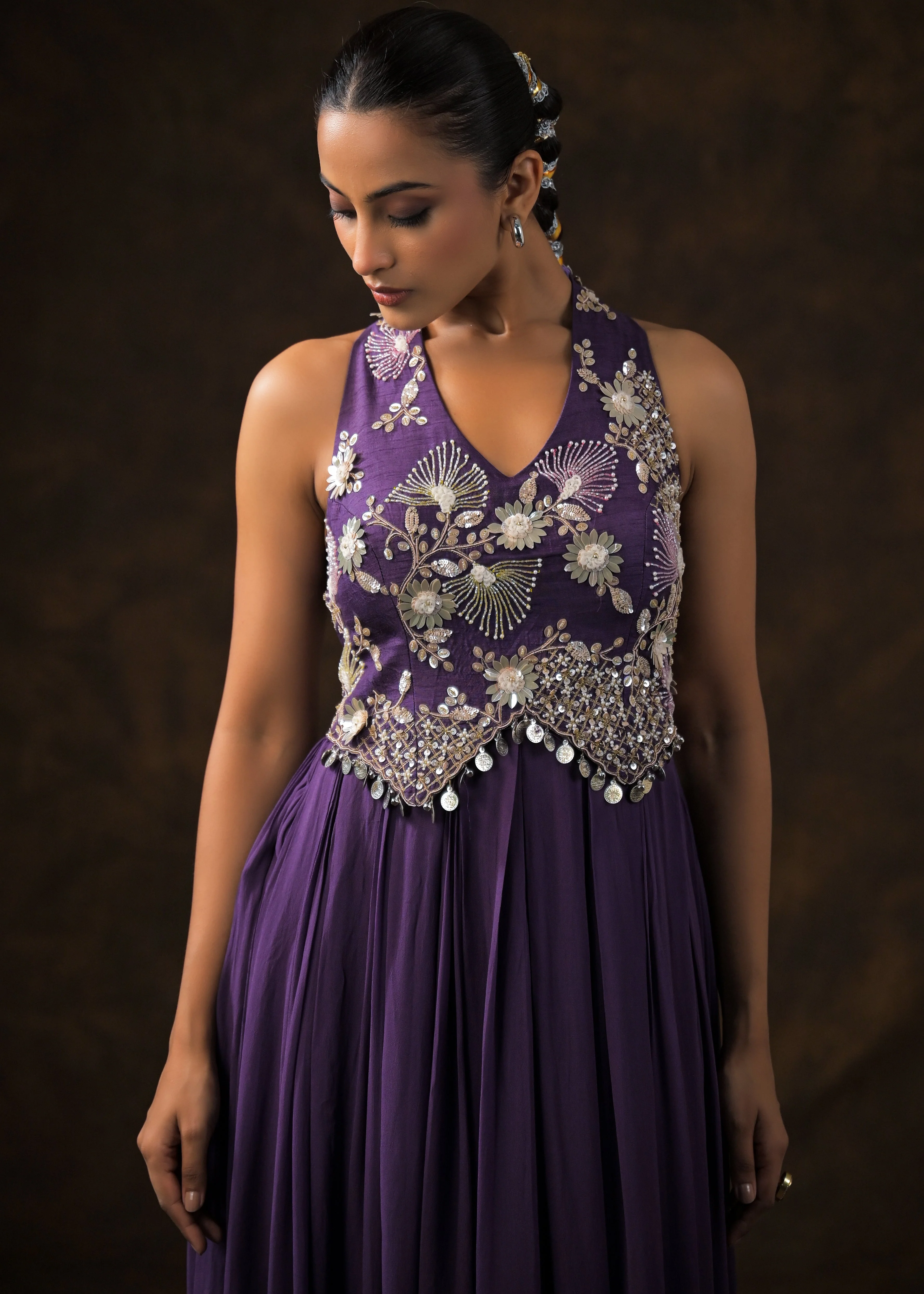 Regal Violet Embellished Georgette Silk Gown - Image 3