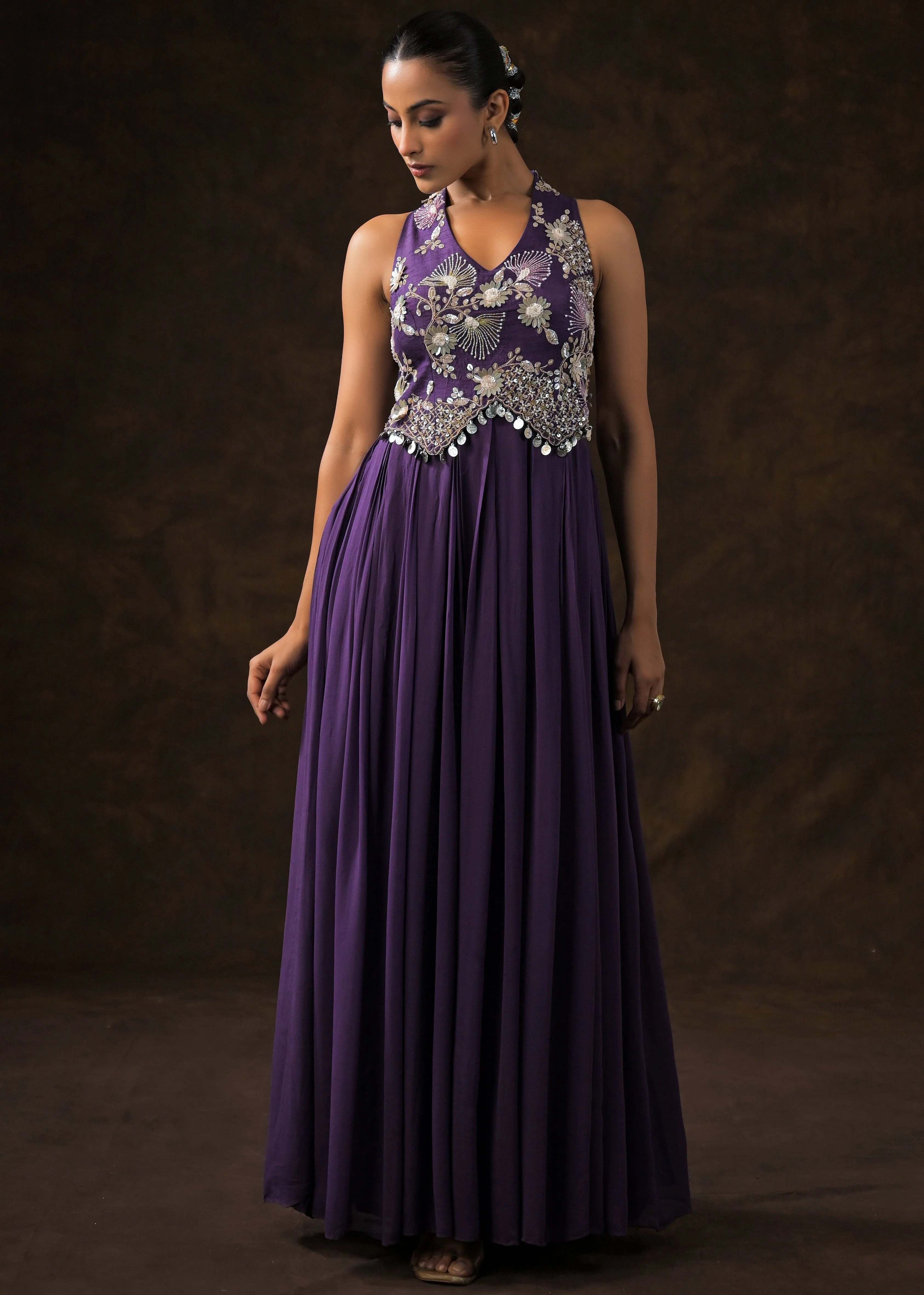 Regal Violet Embellished Georgette Silk Gown - Image 5