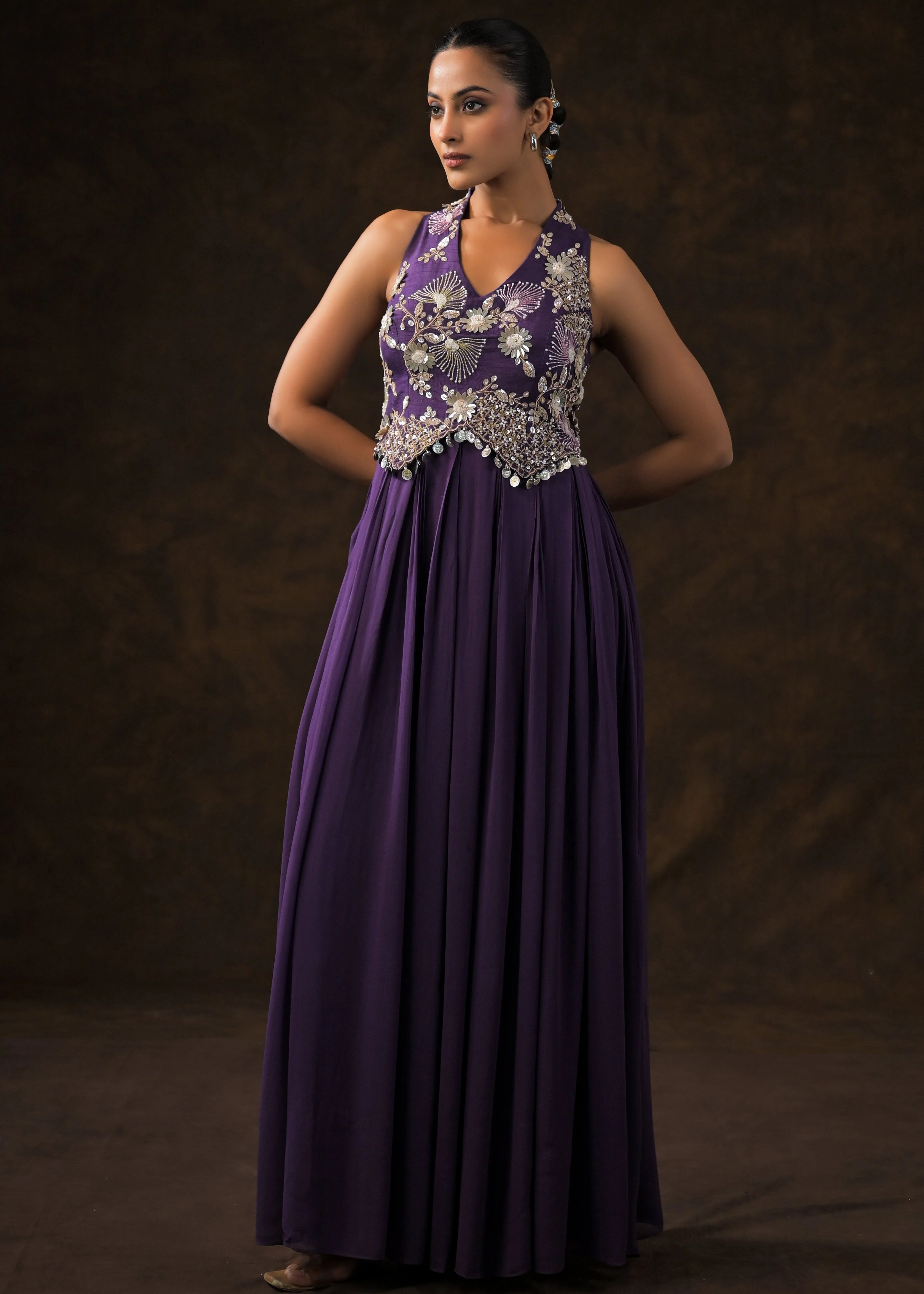 Regal Violet Embellished Georgette Silk Gown - Image 6