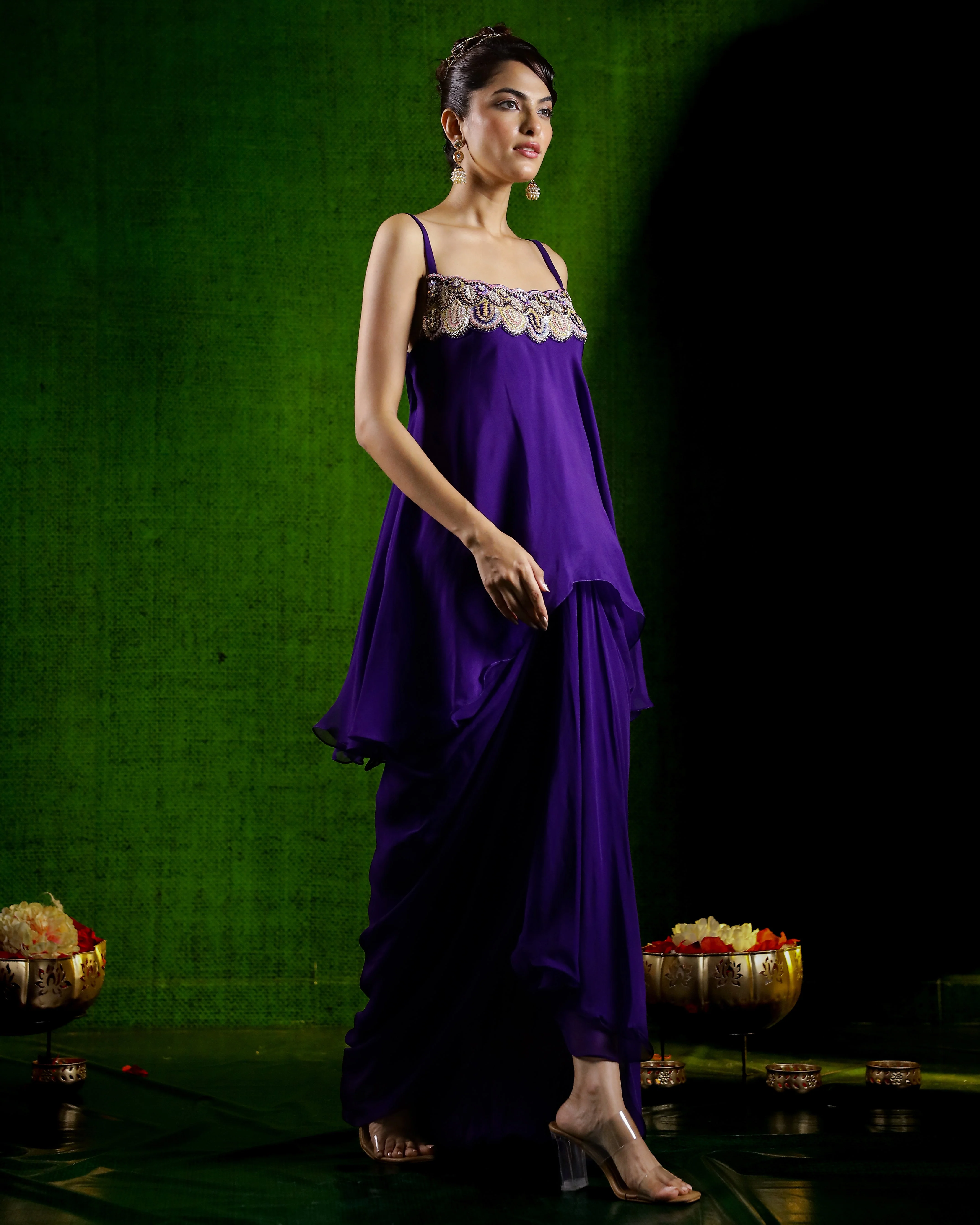 Purple Embellished Organza Silk Skirt Set - Image 3