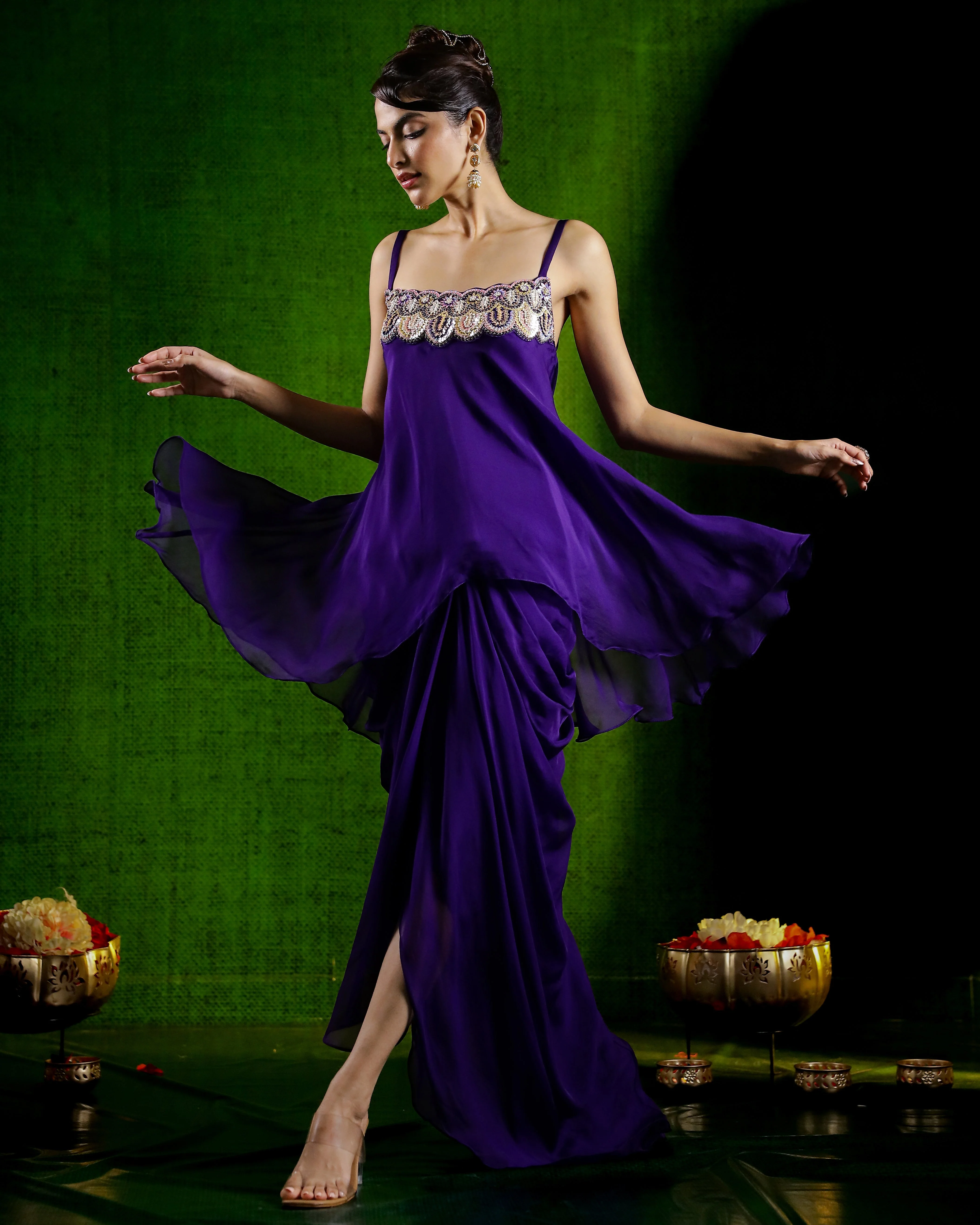 Purple Embellished Organza Silk Skirt Set - Image 4