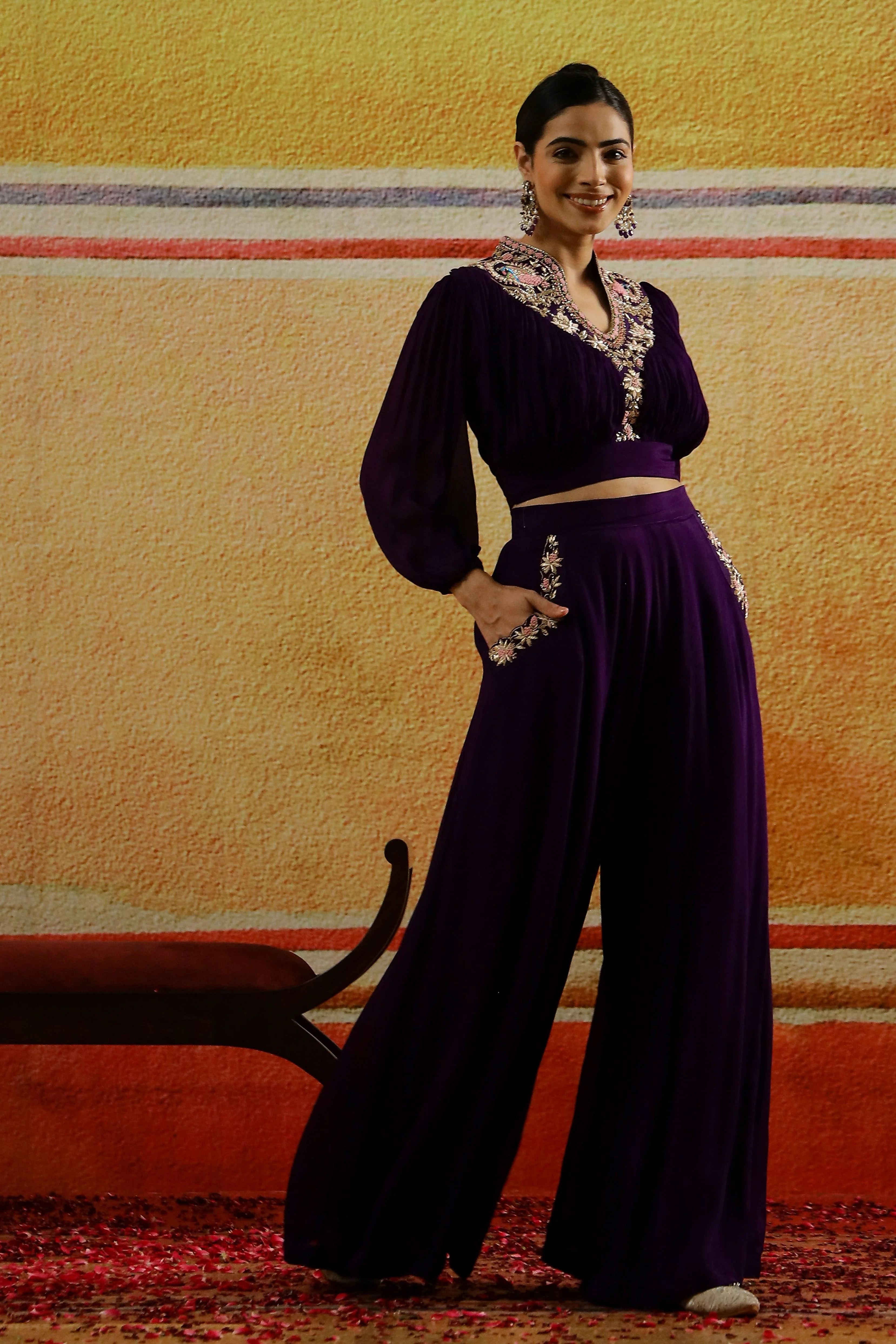Purple Embellished Premium Chinon Silk Palazzo Set - Image 3