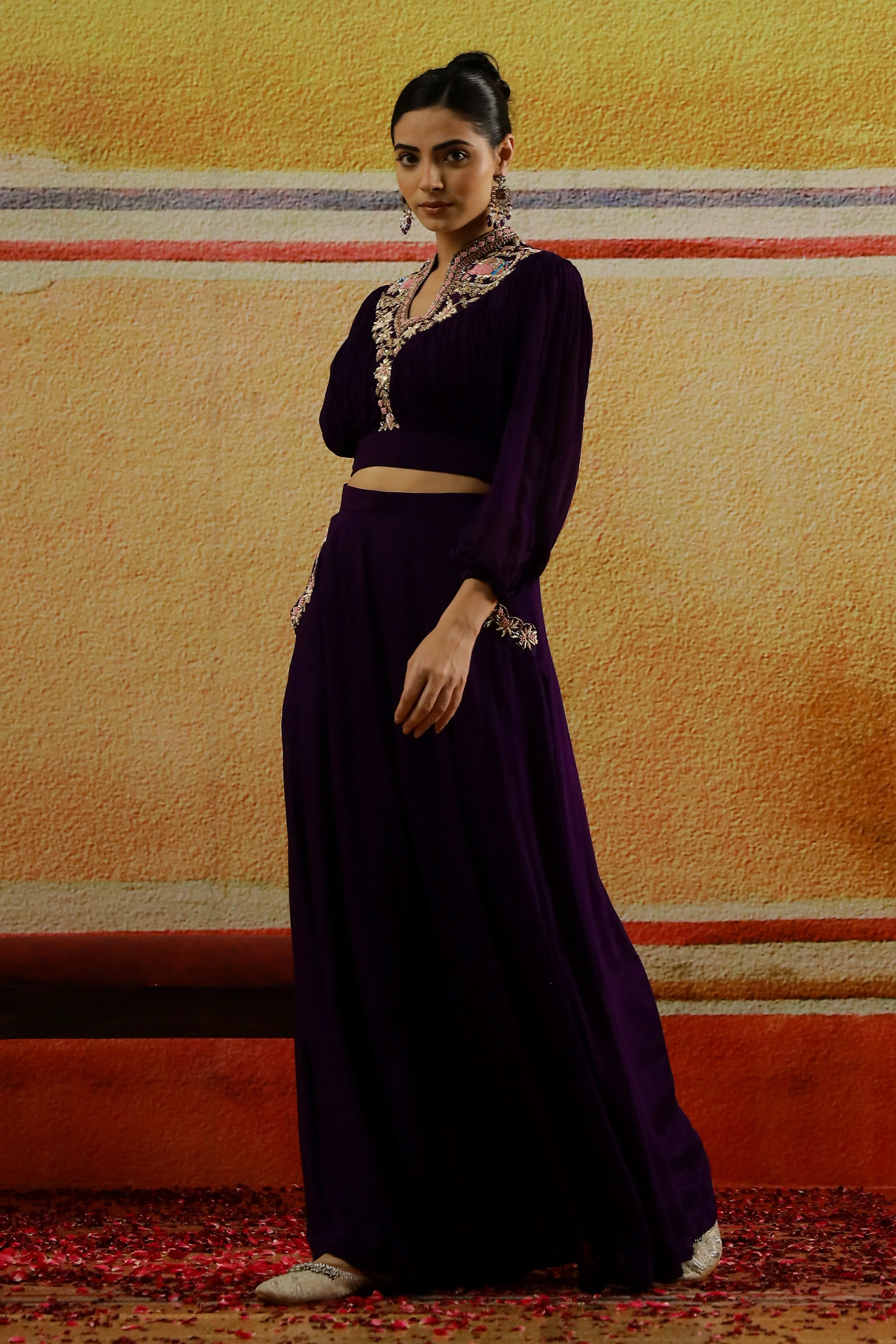 Purple Embellished Premium Chinon Silk Palazzo Set - Image 4