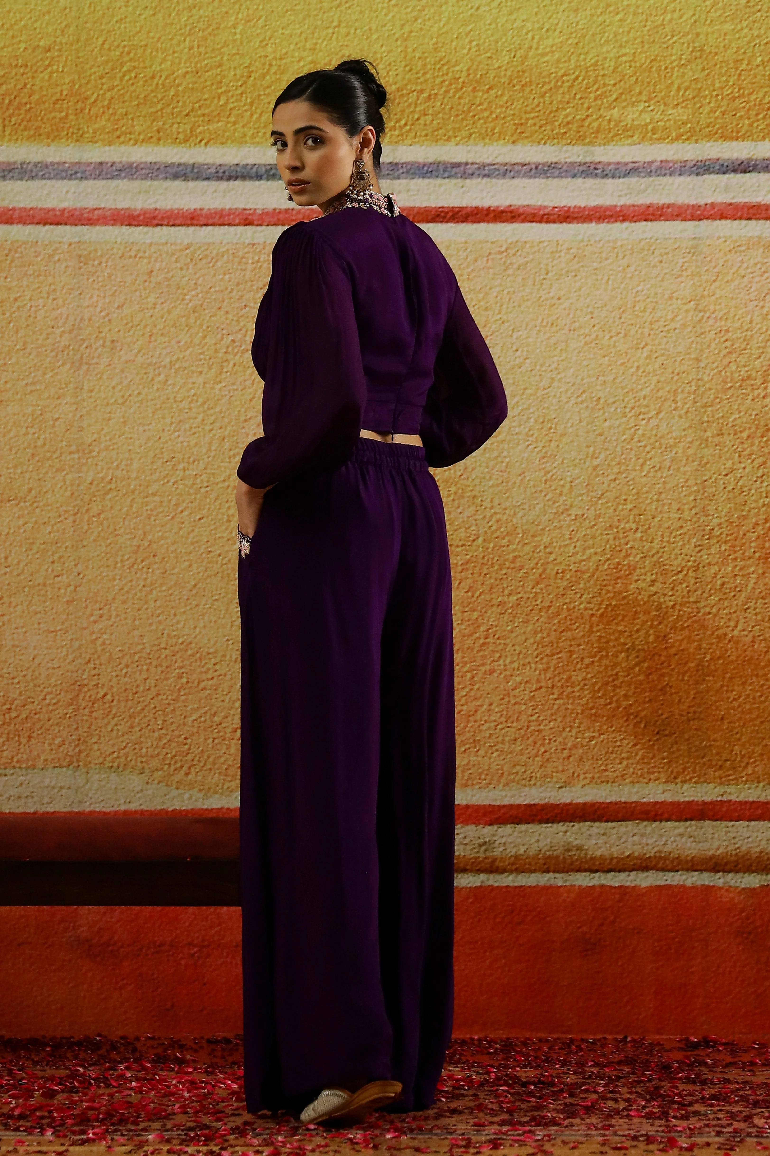 Purple Embellished Premium Chinon Silk Palazzo Set - Image 5