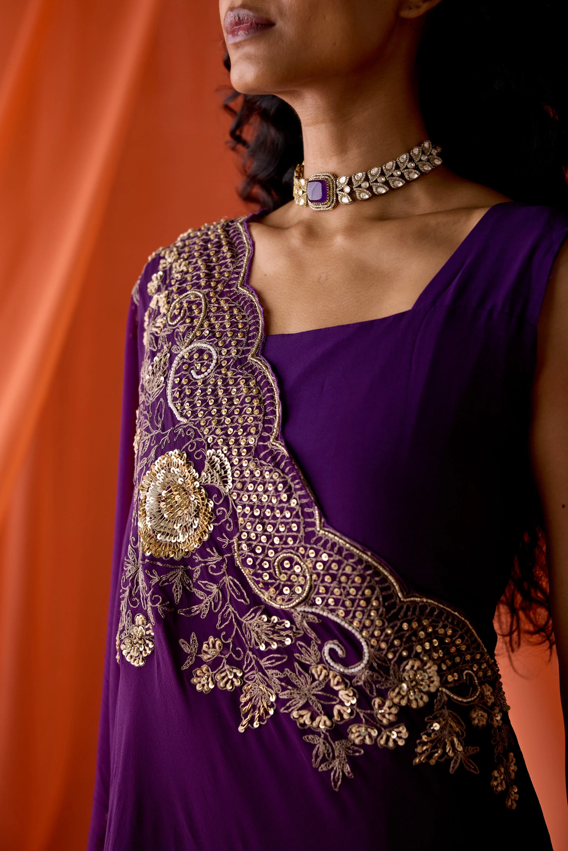 Purple Embellished Georgette Silk Gown Set - Image 2