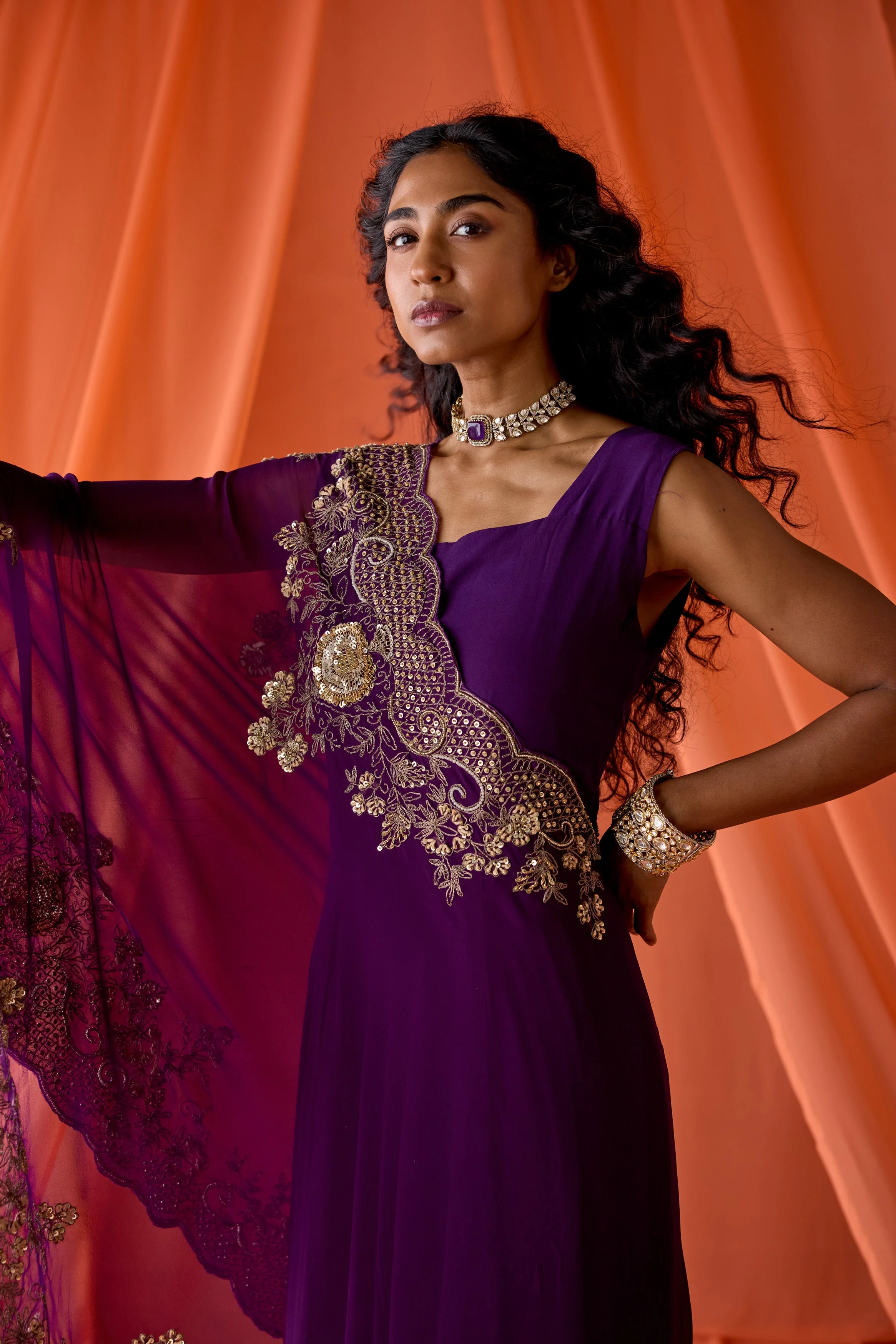 Purple Embellished Georgette Silk Gown Set - Image 3