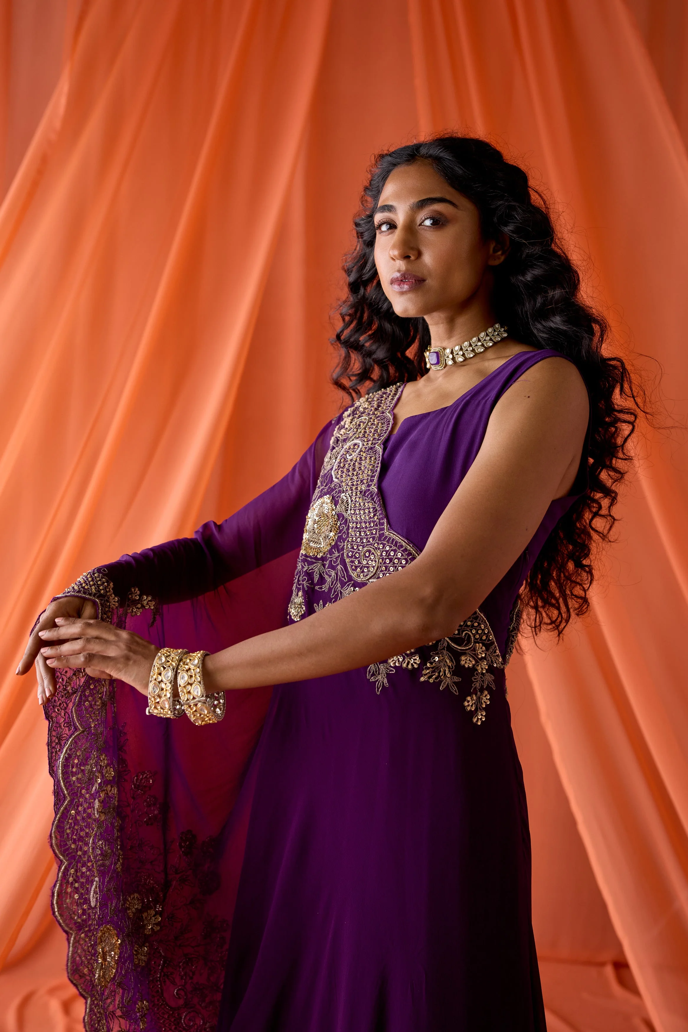 Purple Embellished Georgette Silk Gown Set - Image 4