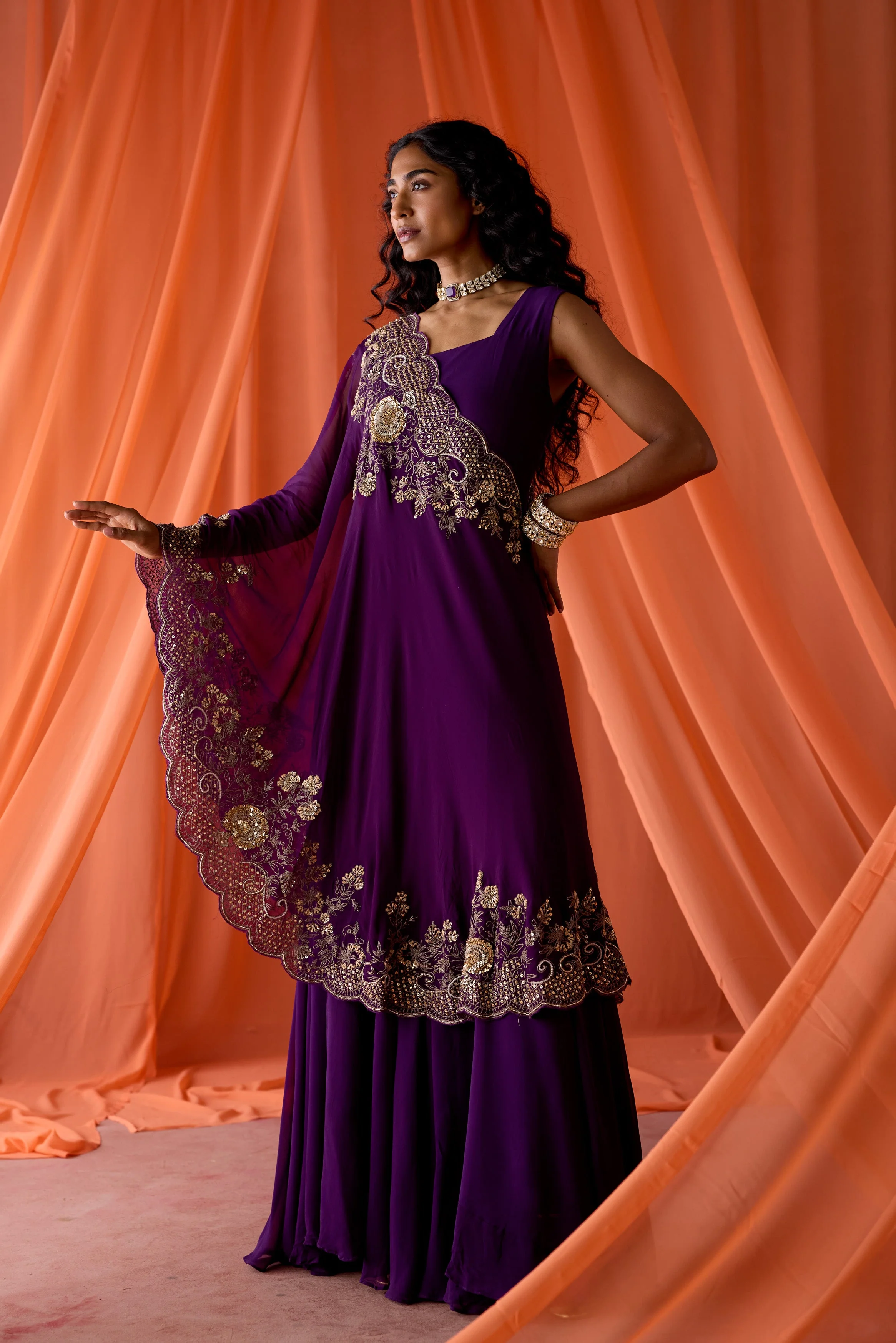 Purple Embellished Georgette Silk Gown Set - Image 6