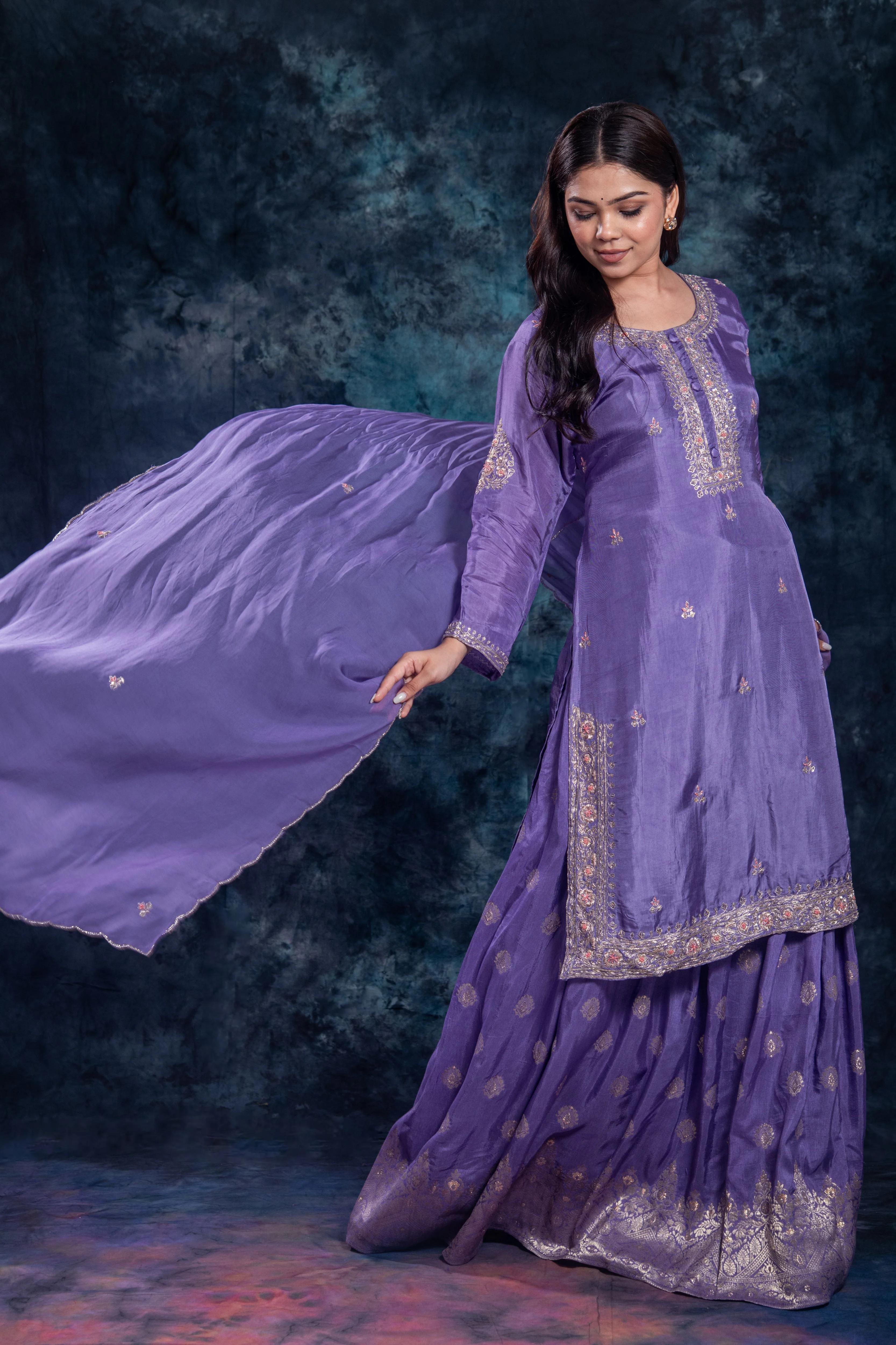 Purple Embellished Premium Silk Skirt Set - Image 2